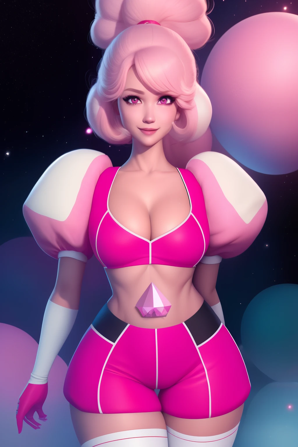 pnkdamond, pink hair, pink eyes, big hair, stomach gem, pink skin, toned,
puffy short sleeves, elbow gloves , white thighhighs, puffy dress,
standing, upper body,
outerspace,
(insanely detailed, beautiful detailed face,beautiful detailed eyes, masterpiece, best quality) cinematic lighting, smile,