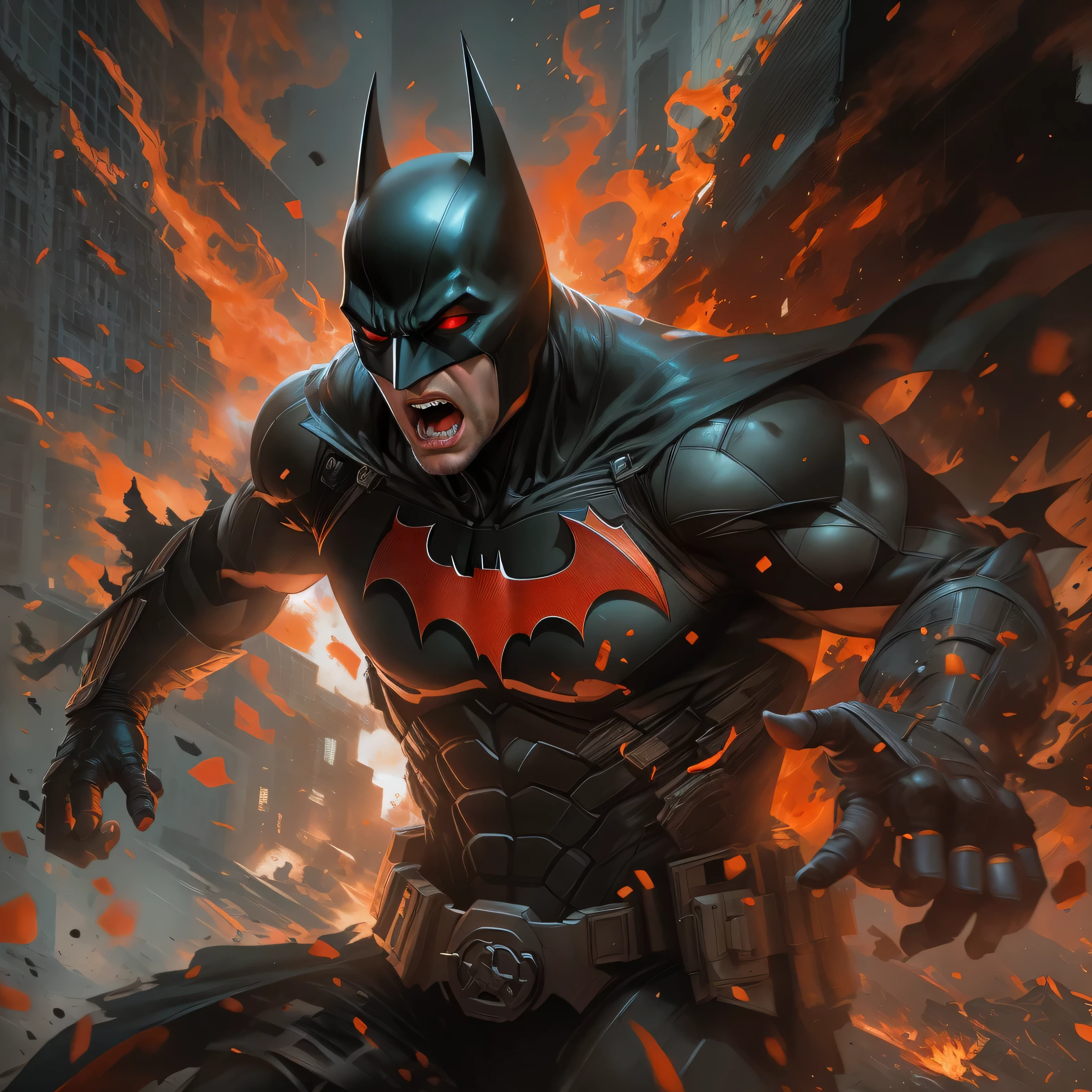 side view of Batman screaming in a falling position, slapping intensely, disintegrating in gunmetal black in dark knight costume, T-shaped mask, T-symbol on chest, in front of a fire, epic anime art, artgerm craig mullins, anime concept hdr anime macmanus, jin - roh, by Arthur Pan, antoine collignon, by Yang J, with bright red eyes, style of raymond swanland, artgerm and craig mullins, red son, dan mumford. 8k octane rendering