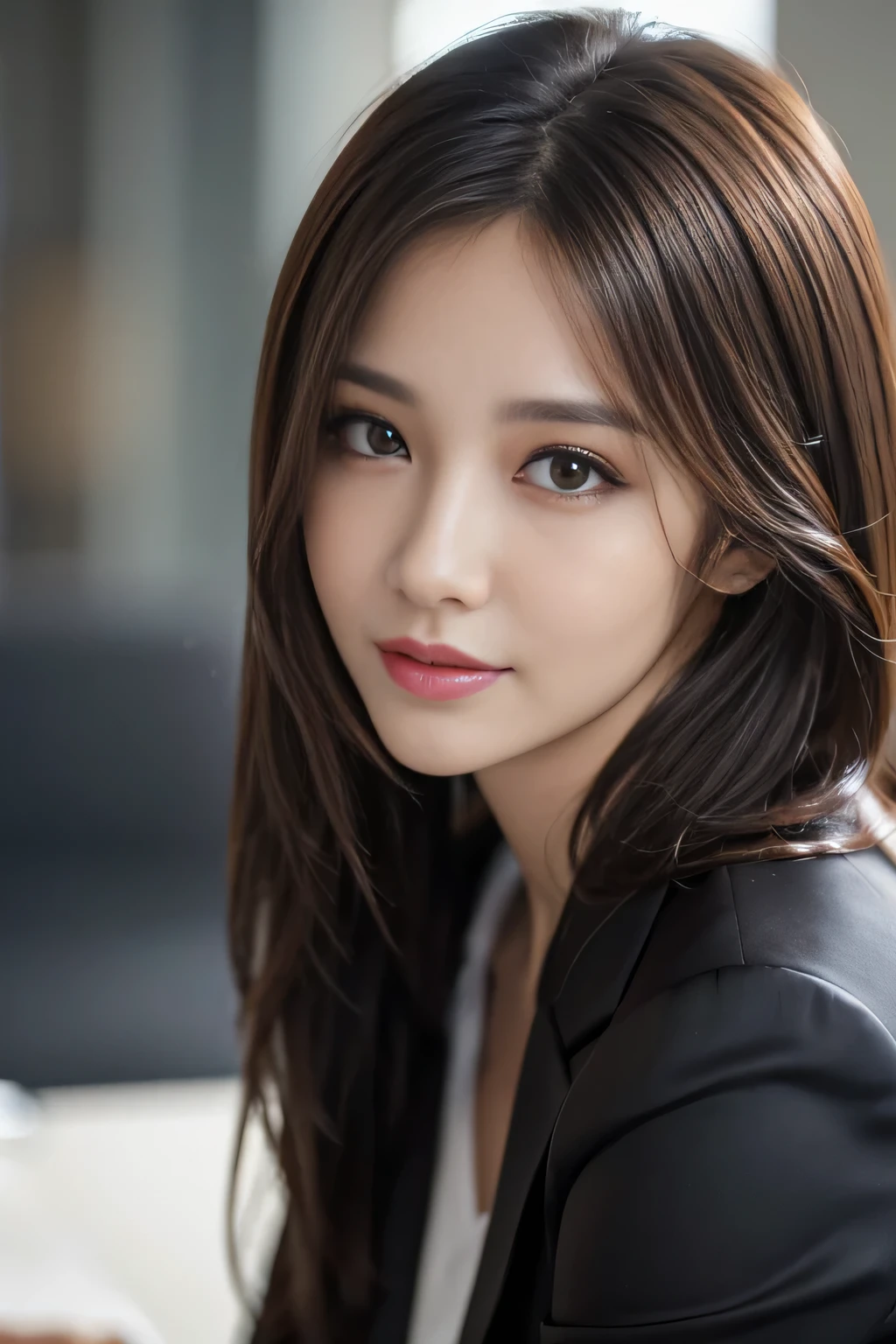 table top, highest quality, realistic, Super detailed, finely, High resolution, 8k wallpaper, 1 beautiful woman,, light brown messy hair, wearing a business suit, sharp focus, perfect dynamic composition, beautiful and detailed eyes, thin hair, Detailed realistic skin texture, smile, close-up portrait, model body shape