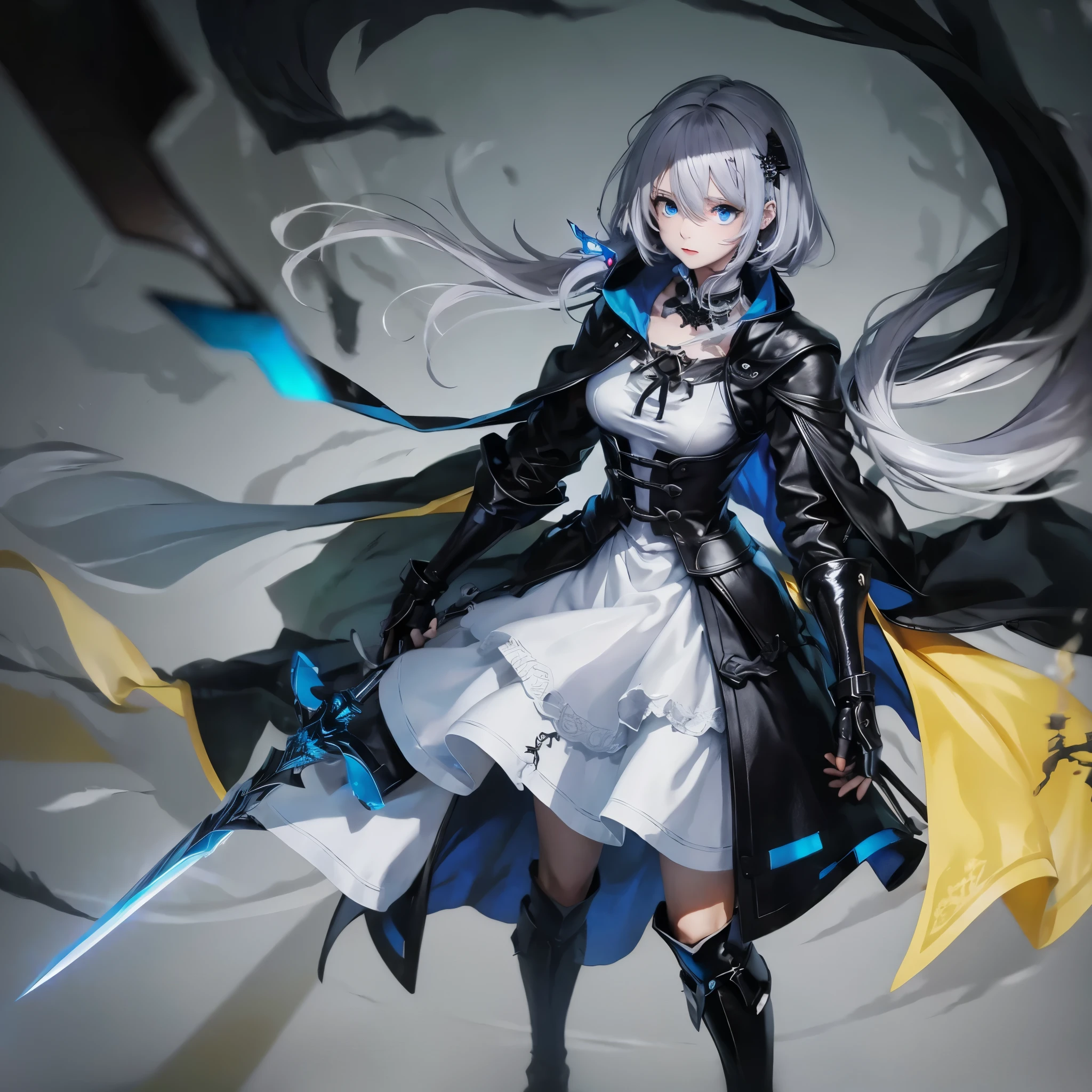 masterpiece、high quality、cyber punk、dark fantasy、dark soul、bloodborne、in a cruel world、 with a sword(blue eyes、silver hair、swordsman)、uniform(y shirt、cutter shirt、blazer、skirt、long coat)cyber punkブーツを履く(high heels、high boots)、Wield a giant sword、Bloodstained