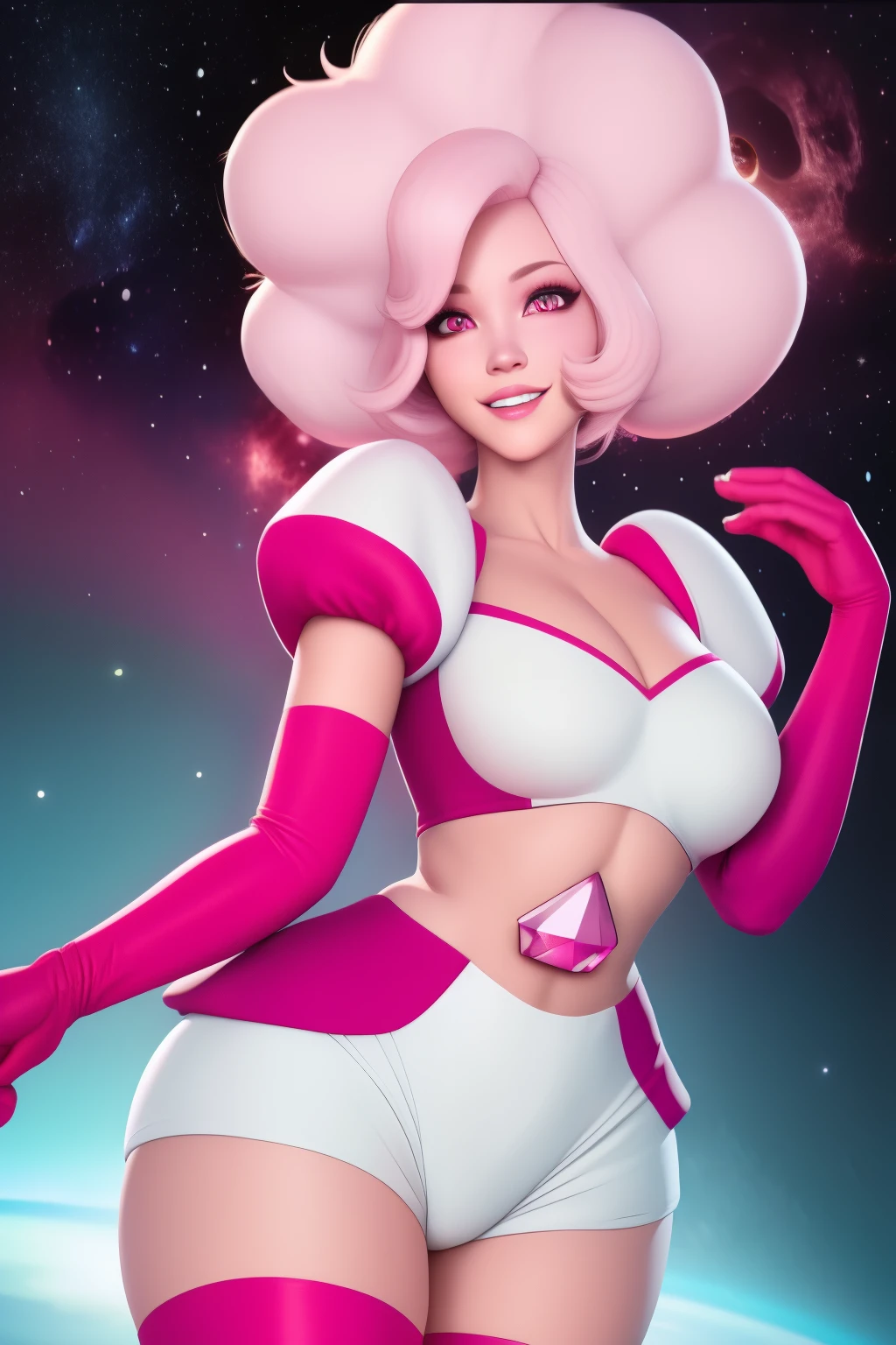 pnkdamond, pink hair, pink eyes,  big hair,  stomach gem,  pink skin,  toned, 
puffy short sleeves, elbow gloves ,  white thighhighs,   puffy dress, 
standing, upper body, 
 outerspace,  
(insanely detailed, beautiful detailed face,beautiful detailed eyes, masterpiece, best quality) cinematic lighting,  smile, 
 