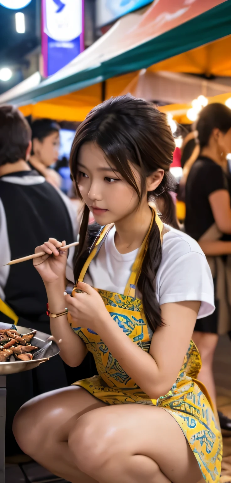(grilling squid skewers at alley), ((only wear a thin apron with various patterned and colored on naked, sweat)), small breasts, (hiding her beautiful nipples with Asian traditional apron), ((pubic hair)), (food festival at night, customers, place many people pass), squatting, angle from below,