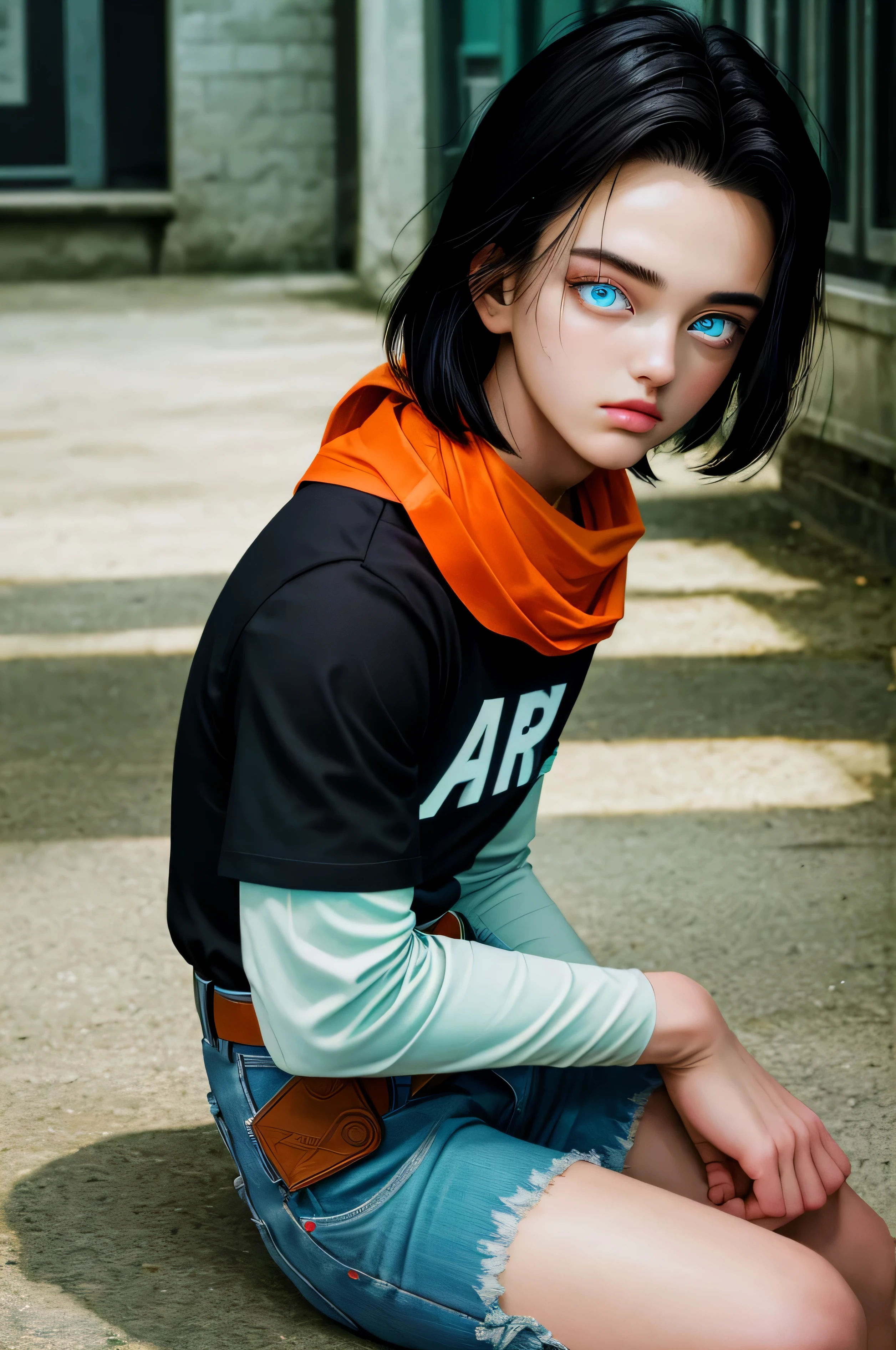 (masterpiece), best quality, expressive eyes, perfect face, highres, 1 boy, solo, android 17 , (male body:1.3), blue eyes, black short hair,parted hair,short hair, black shirt, jeans, layered shirt, white sleeves,orange bandana, blue sneakers, green socks, brown belt, red patch, outdoor, landscape, sitting on floor, portrait, looking at the viewer, An exquisite masterpiece of top quality and high resolution featuring Marnie. Big sleepy eyes, Aqua eyes、Glowing under the dim light. black short hair, magazine style, dark backbround