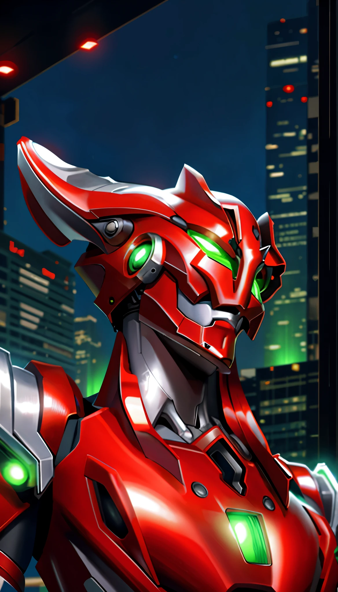 Red mecha suit with green lights, Red helmet covering all face,silver mouth covering,  science fiction, falling on a building, ( Best quality, masterpiece:1.2),  Futurism, cyberpunk, ultra wide angle, realistic