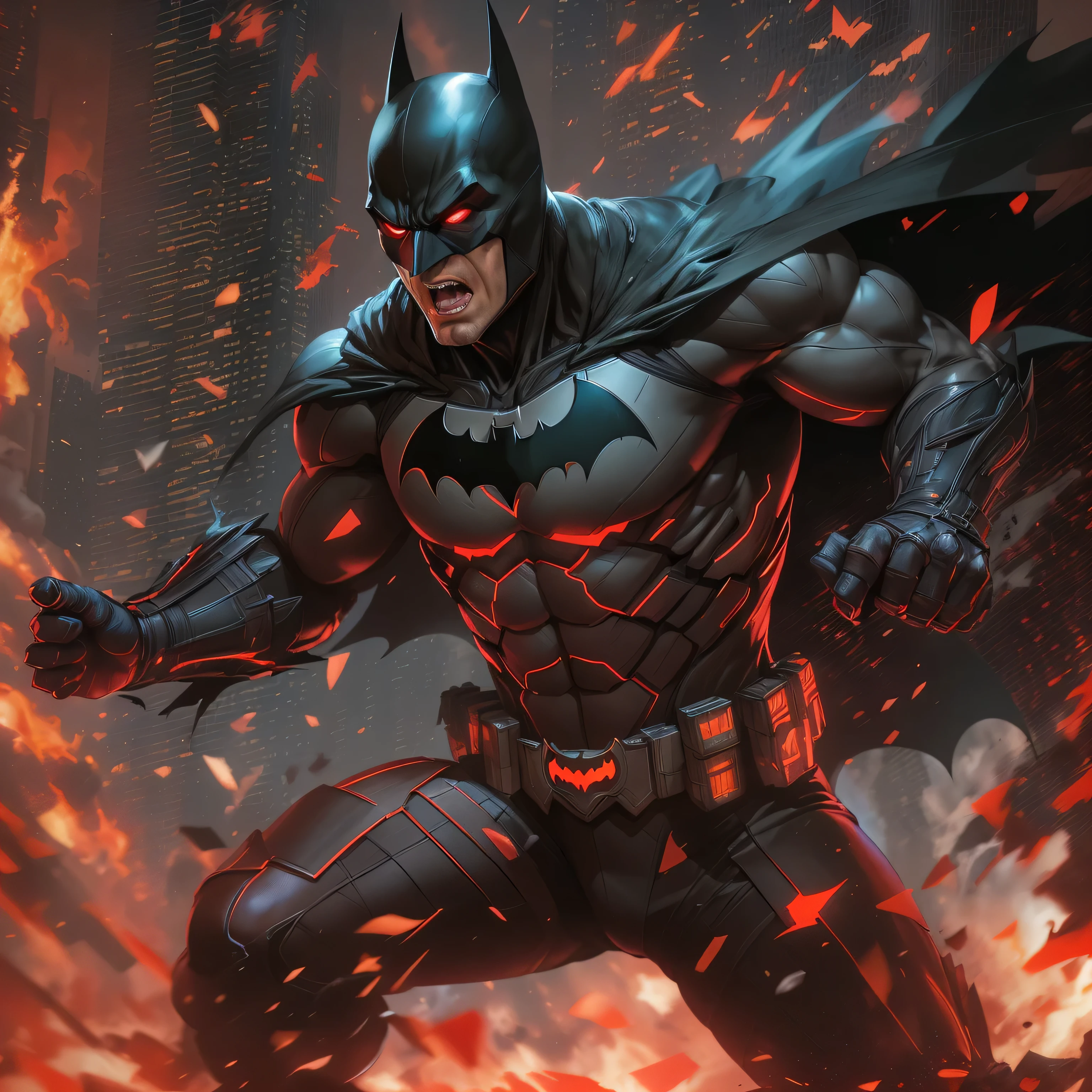 side view of Batman screaming in a falling position, slapping intensely, disintegrating in gunmetal black in dark knight costume, T-shaped mask, T-symbol on chest, in front of a fire, epic anime art, artgerm craig mullins, anime concept hdr anime macmanus, jin - roh, by Arthur Pan, antoine collignon, by Yang J, with bright red eyes, style of raymond swanland, artgerm and craig mullins, red son, dan mumford. 8k octane rendering