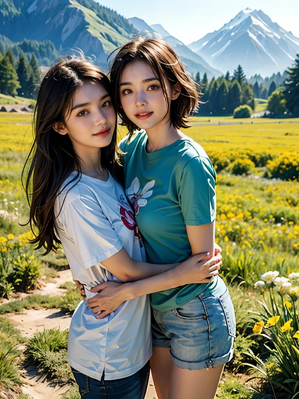 2 girl, Ideal tits, t-shirts, grass mountain flower background, lesbian couple