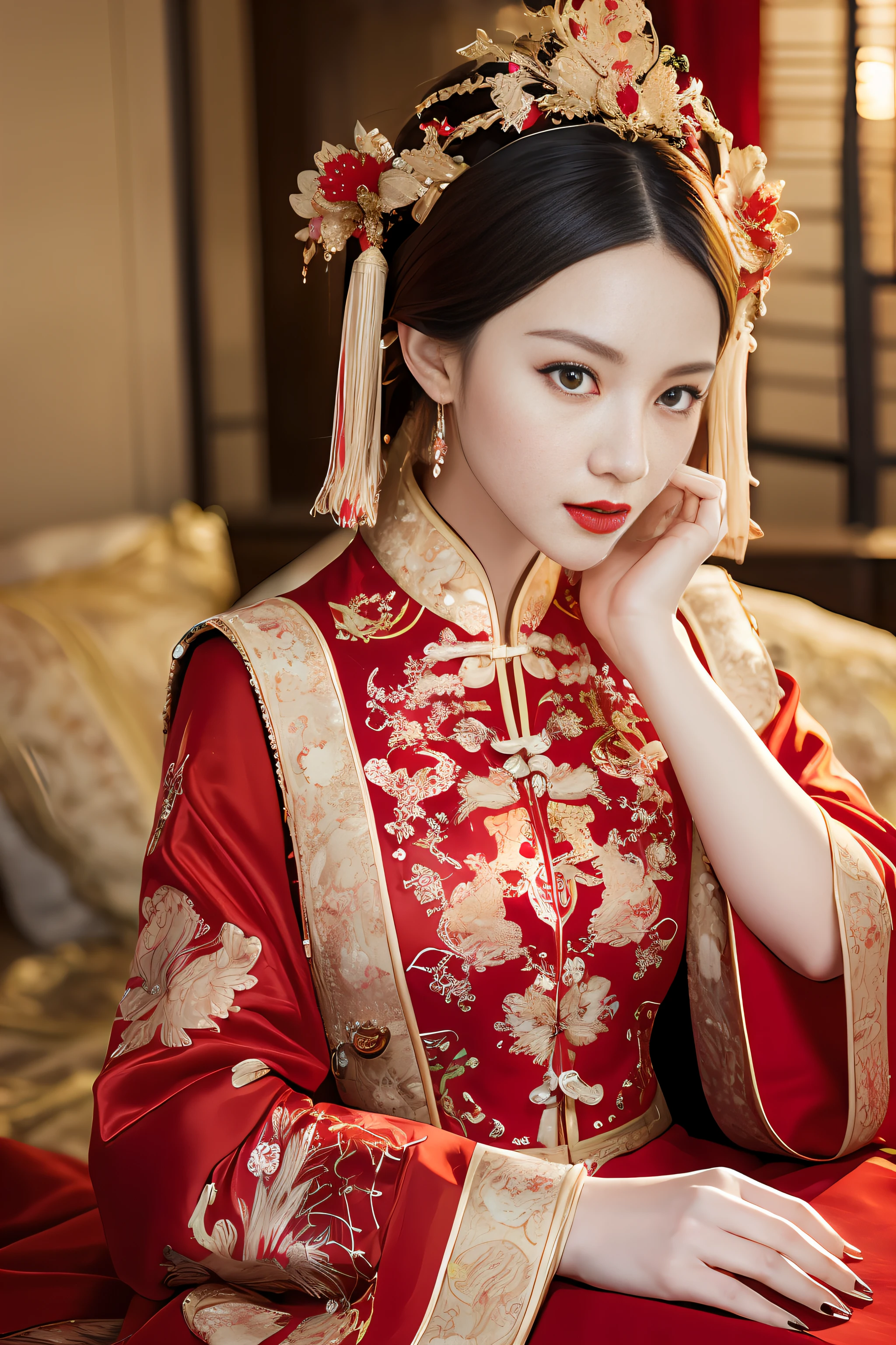 (ultra realistic 8k CG:1.2),perfect artwork,delicate pattern,intricate detail, (unparalleled masterpiece,best quality:1.2),(extremely intricate:1.2),a woman in a red and gold dress, Phoenix crown,hair stick,(sitting on red bed),Cosmetic,blush,shy,black_hair, looking down, Cosmetic,(forehead dot),(2 red candles), chinese_clothes, curtains, earrings, hair_ornament, hanfu, indoors, jewelry, red nails, long_sleeves, red dress, red lips, tassel, (Red quilt),(red palace:1.2),(ancient Chinese architecture),(red:1.8),night