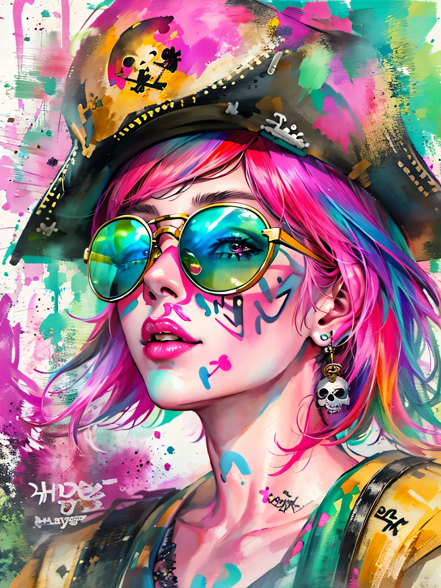 watercolor painting, 8K resolution、((highest quality))、((masterpiece))、((Super detailed))、1 female、alone、incredibly absurd、 (((The most beautiful pirate girl of all time))), (((Stylish sunglasses))), lips in love, white skin, pirate hat, skull fashion, neon、short cut hair、small breasts, (((graffiti art))), colorful hair, provocative