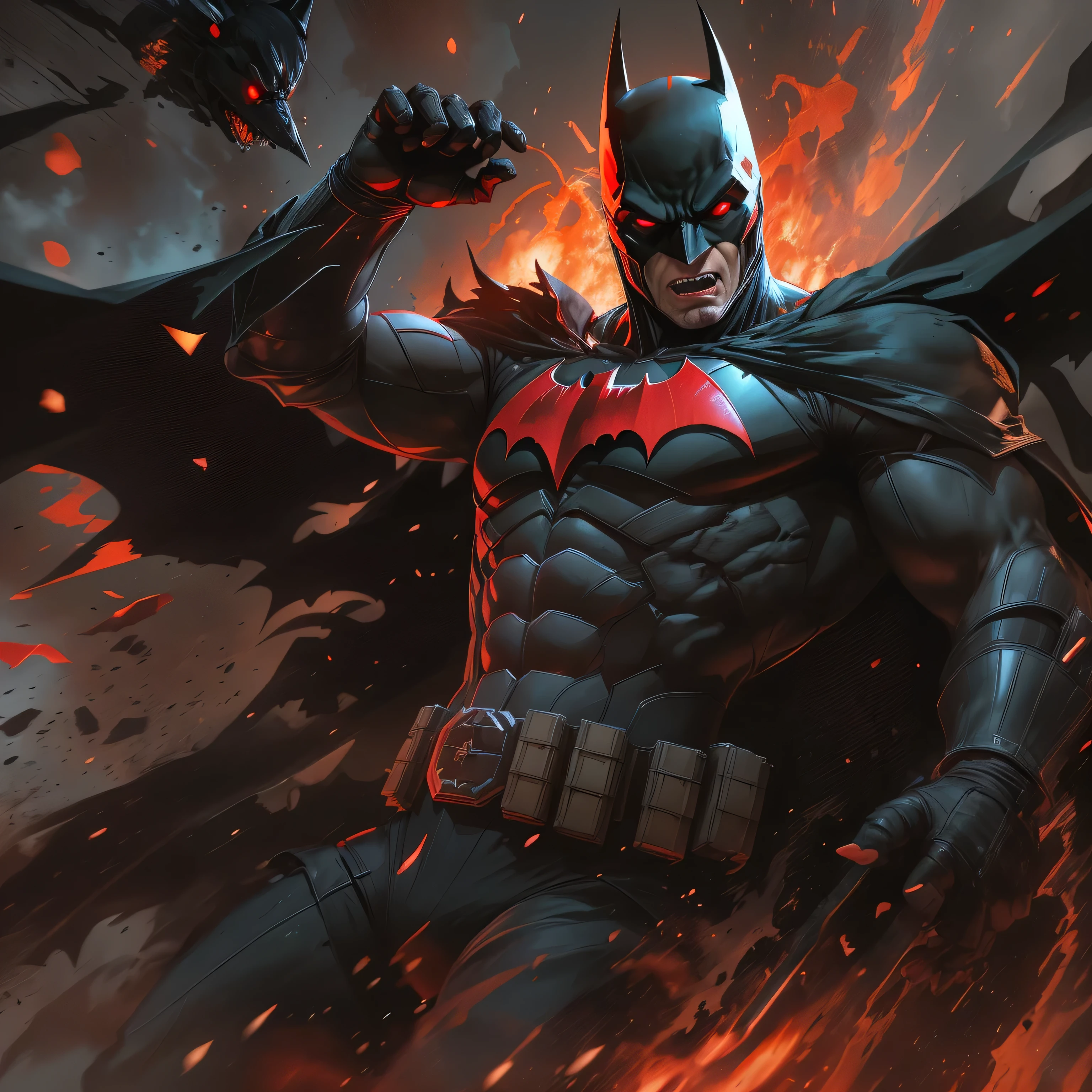 side view of Batman screaming in a falling position, slapping intensely, disintegrating in gunmetal black in dark knight costume, T-shaped mask, T-symbol on chest, in front of a fire, epic anime art, artgerm craig mullins, anime concept hdr anime macmanus, jin - roh, by Arthur Pan, antoine collignon, by Yang J, with bright red eyes, style of raymond swanland, artgerm and craig mullins, red son, dan mumford. 8k octane rendering