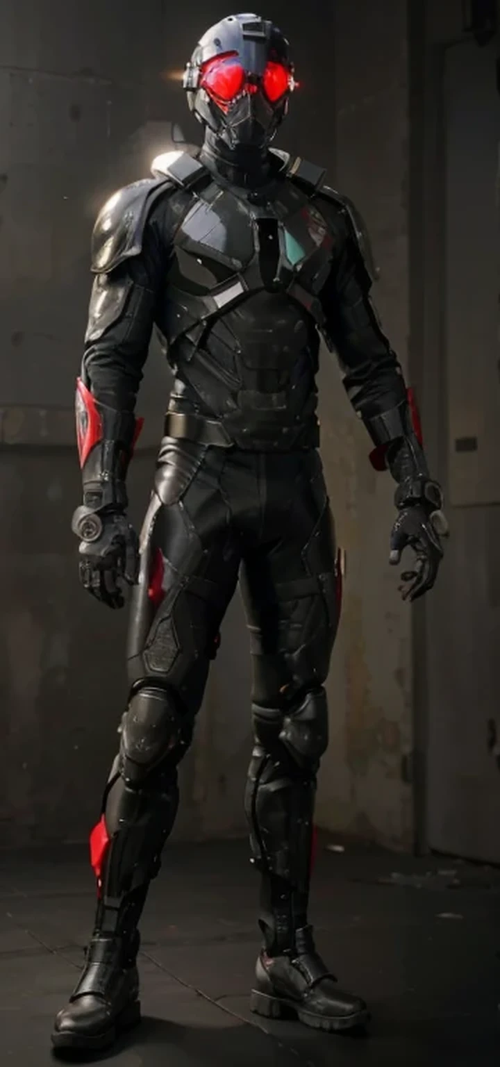 male soldier, ultra modern cybernetic full body heavy the suit has small red lights and is semi transparent in some parts, black with red details, metal shoulder pads, metal wrist guards, ultra modern long helmet with four red eyes, military boots, he is in a totally post-apocalyptic city destroyed, a lot of fire, large green mineral crystals on the ground, sunny day, top view, 4k, ultra detailed image, realistic, very detailed, perfect composition, splendid, intricately detailed, incredibly detailed, art photography 8k, hyper detailed, Masterpiece, ultra detailed, hyper realistic, 4k, ultra detailed image, realistic, highly detailed, perfect composition, splendid, intricately detailed, incredibly detailed, Artistic photography in 8k, hyper detailed