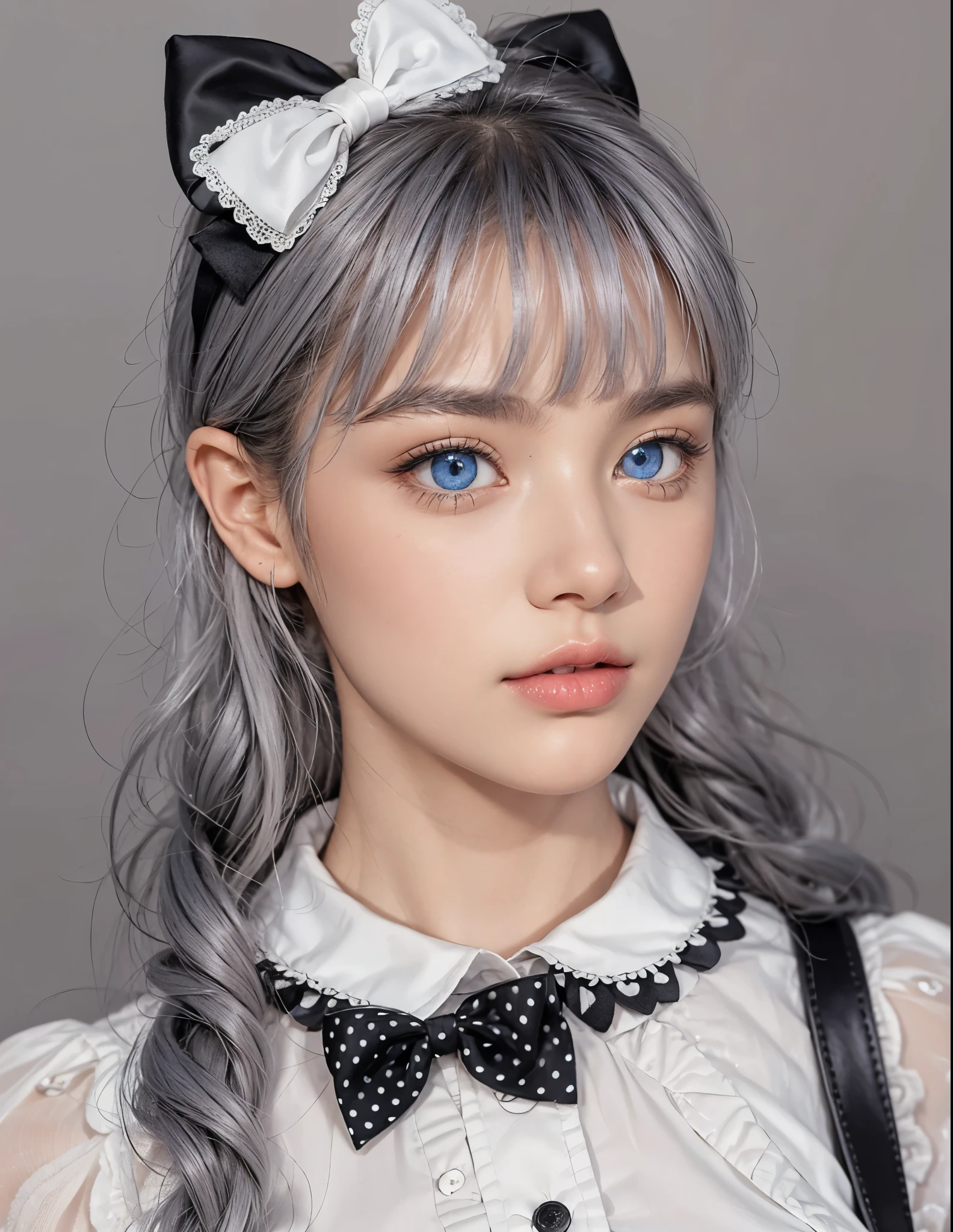 mode fashion collection, ultra detailed, beautiful, masterpiece, best quality, _ BREAK Beautiful perfect model, 22 Age, 165 cm, Tightened all body, Perfect and beautiful legs, gray hair, Brightly colored eyes, Diteled face, dropy eyes, Double eyelid, light color eyes, Shiny eyes , Diteled eyes, (small head and face:1.4), _ BREAK arranged hair, Diteled hair, _ BREAK Perfect art background, Fog, mist, _ (girly:1.4), Ultra-Cute Monochrome Ensemble with Ribbon Theme,
Create a girly and ultra-cute ensemble composed of white, black, and grey tones, centered around a ribbon theme,
Start with a white blouse featuring puffy sleeves and a Peter Pan collar adorned with delicate black ribbon trim,
Pair the blouse with a pleated grey skirt with black ribbon accents, adding movement and charm to the look,
BREAK
Layer the ensemble with a cropped black cardigan featuring white polka dots and ribbon bows for a playful touch,
Accessorize with a black ribbon choker necklace adorned with a sparkling gemstone pendant, adding a hint of elegance to the outfit,
BREAK
Complete the ensemble with white knee-high socks adorned with black ribbon bows and patent leather Mary Jane shoes for a classic yet adorable finish,
Carry a black handbag with white ribbon detailing, matching the overall theme of the ensemble,
BREAK
//Accessories
White ribbon hair bow adorned with a small black bow for a whimsical hairstyle,
Black ribbon wristwatch with a round face and white dial for a subtle yet stylish accessory,
BREAK (gray hair, blue eyes:1.4),