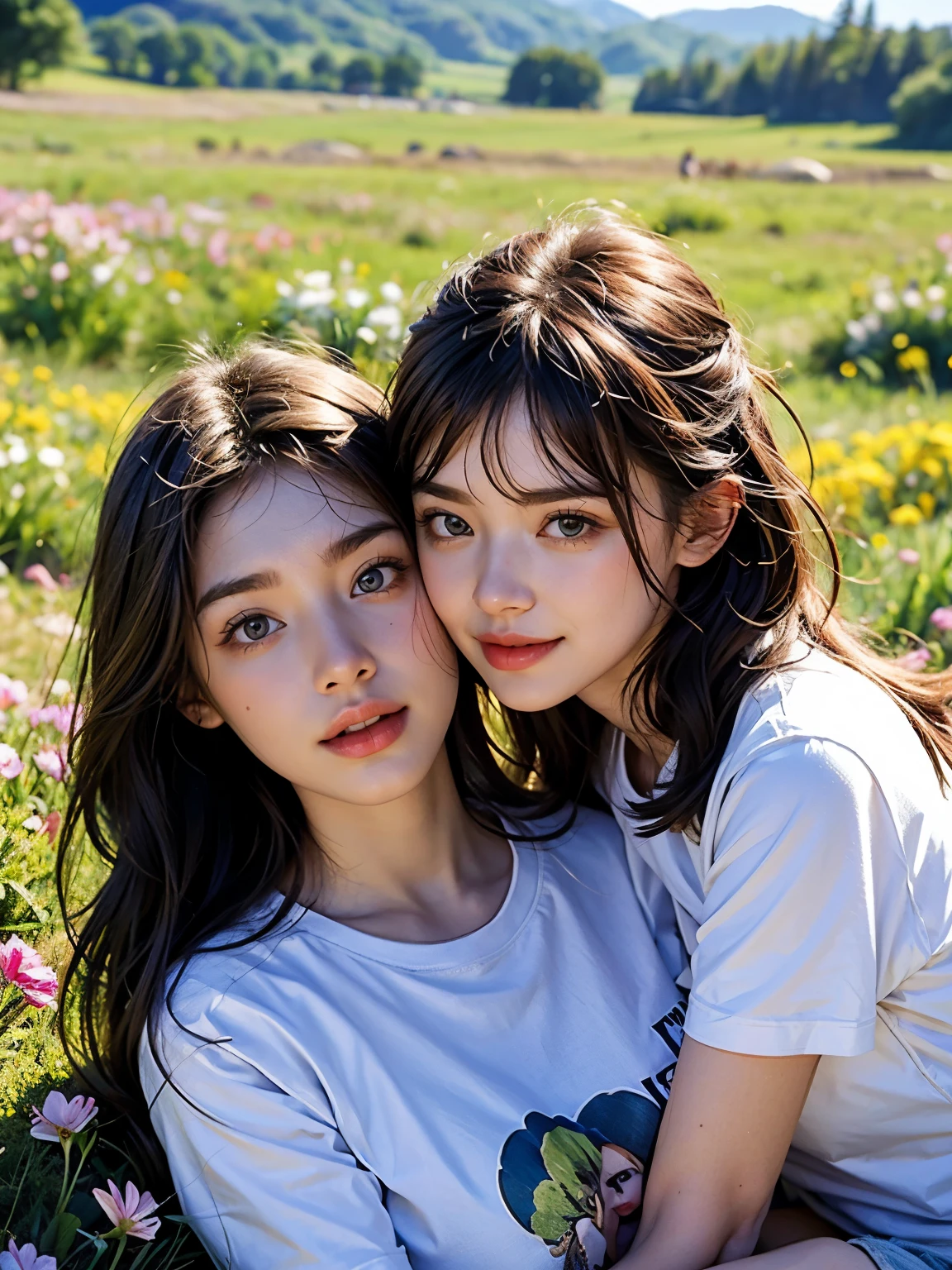 2 girl, Ideal tits, t-shirts, grass mountain flower background, lesbian couple