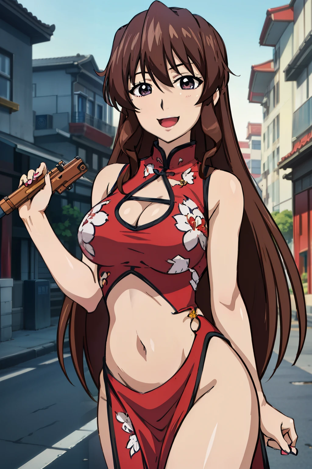 brown hair,Banges,Brown_Eyes,
1 girl, 20yo,Young female,Beautiful Finger,Beautiful long legs,Beautiful body,Beautiful Nose,Beautiful character design, perfect eyes, perfect face,expressive eyes,perfect balance,
masterpiece, best quality, highly detailed, a anime girls in china dress with navel cutout holding a gun
posing for a picture, navel cutout, crop top, china dress, ecchi anime style, evil smile, open mouth,
smile, anime girls, ecchi style, ecchi, digital anime art!!, in anime style, official artwork, (nsfw) not safe
for work, beautiful anime girl, anime style 4 k, pelvic curtain, exposed belly, exposed navel, exposed
midriff, exposed lower belly, holding a gun, chinatown, outdoor,street,road