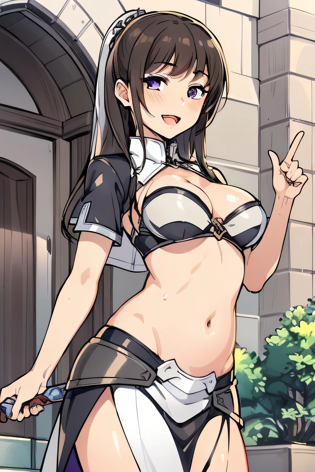 Isabella, 1girl, , long hair, black hair, purple eyes, brown hair, bangs, one side bangs,
masterpiece, best quality, highly detailed, fantasy , a anime girls in armored dress holding a sword
posing for a picture, evil smile, smile, open mouth, breastwith open cleavage, clwarrior
ouchi anime style, anime gircchi style, (nsfw) not safe for ecchi, digital anime art!!, in
anime s official artwork, visual novel cg, beautiful anime girl, anime style 4 k , loincloth, exposed
belly, exposed navel, exposed midriff, exposed lower belly, pencil skirt armored, castle,inside castle,