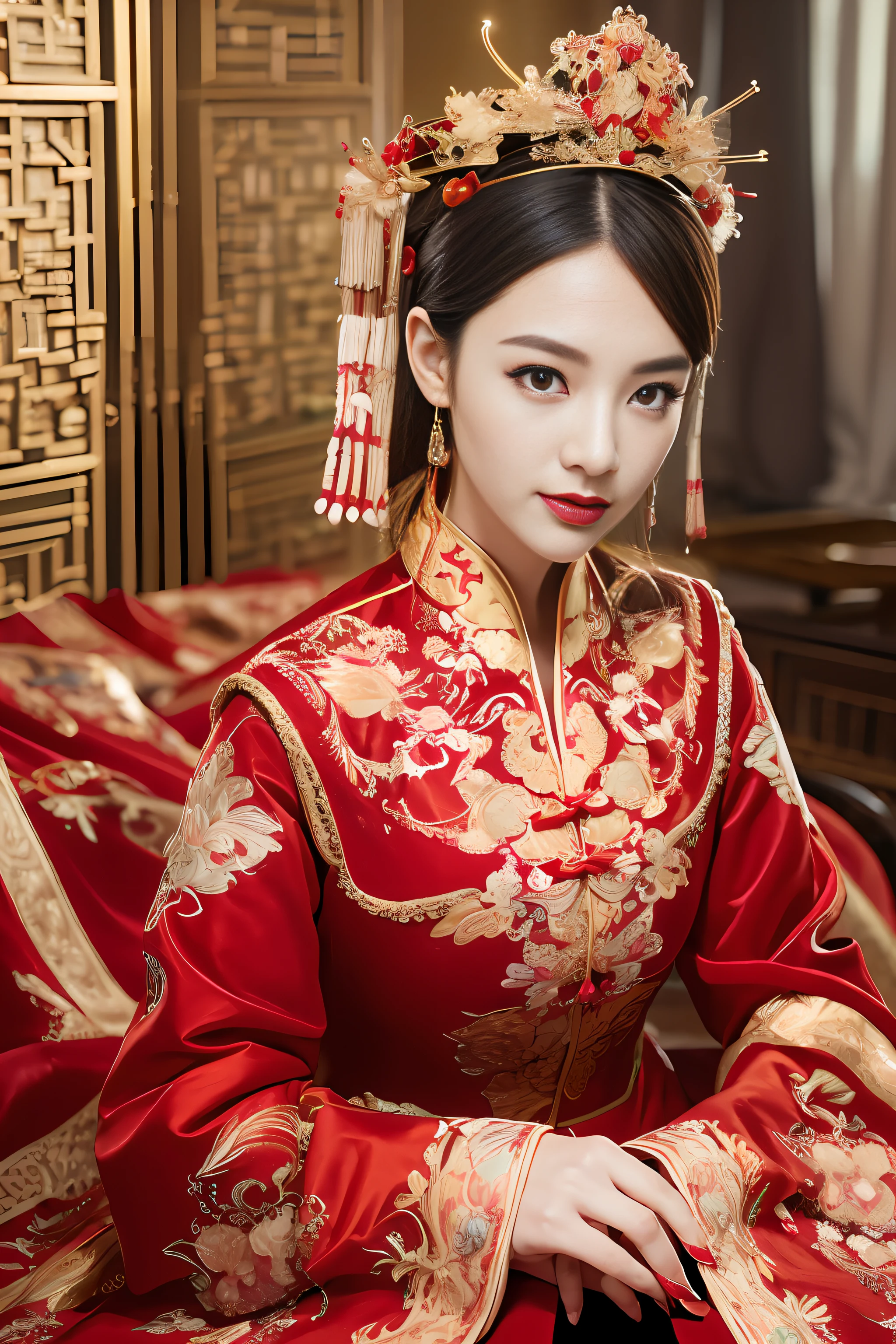 (Ultra-realistic 8k CG: 1.2), perfect artwork, delicate patterns, intricate details, (unparalleled masterpiece, best quality: 1.2), (extremely complex: 1.2), a woman in a red and gold dress, phoenix crown, hair stick, (sitting on a red bed), makeup, blush, shyness, black_hair, looking down, cosmetics, (forehead point), (2 red candles), Chinese_clothes, curtains, earrings, hair_ornament,hanfu, interior, jewelry, red nails, long_sleeves, red dress, red lips, tassels, (red quilt), (red palace: 1.2), (ancient Chinese architecture), (red: 1.8), night