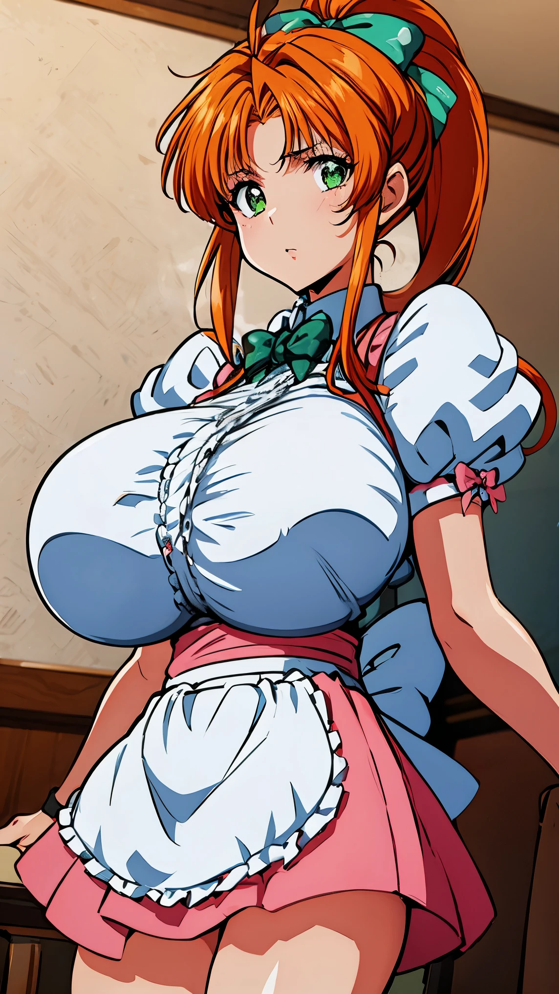 high quality、high resolution、masterpiece、fukawa_miku, green eyes, orange hair, long hair, ponytail, green bow, short sleeves, apron, waitress, pink skirt,indoor、(gigantic breasts:1.5)