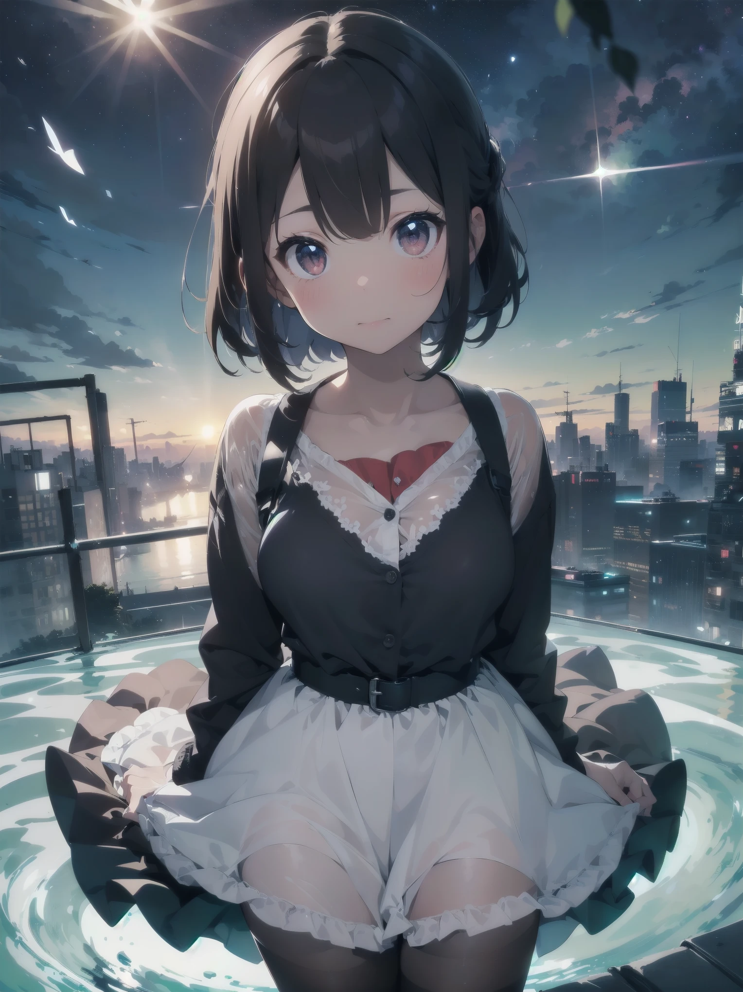 dark skin anime girl sitting on floor with her legs crossed and her hand on her face, clean background, anime moe artstyle, high quality anime artstyle, anime vibes, anime artstyle, anime art style, beautiful anime art style, in anime style, anime style illustration, in an anime style, anime visual of a cute girl, cute art style, pure background color, anime styled, cute dress, mid-short hair, bob hair style, red eyes, tall girl, two-pieces dress, short dress, short socks, Beige Mary Jane shoes,