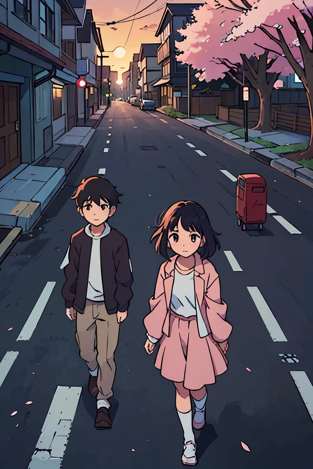 boys and girls,high school students,coming home from school,walking on the road,sunset,cherry blossom,healing department,aesthetic,hayao miyazaki style,ghibli