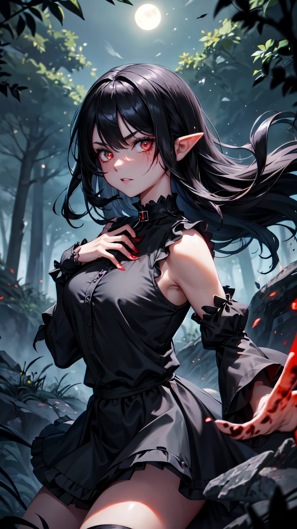 Create an illustration based on the following info: A young women standing in the middle of clearing surrounded by tall trees, (black hair:1.5), long hair, wavy hair, face framing hair, beautiful eyes, glowing red crimson eyes, pink lips, expresionless, impassive, c-cup breasts, slender arms, blood covered hands, clenched fists, slender thighs, dainty feets, gothic dress, (black dress:1.5), black choker, lace choker, (black sleeves:1.5), detached sleeves, (black skirt:1.5), high-low skirt, layered skirt, lace trim, night, full moon, bright moonlight, cinematic lighting, green leaves, close up, looking at viewer, dark atmosphere, Add clothes detail, blood, blood on face, (blood on face:1.5), elf ears, black energy, black smoke, (black smoke:1.5), fire sparks, fighting stance, (fighting stance:1.5), (black top:1.5), blood splatters, blood on dress