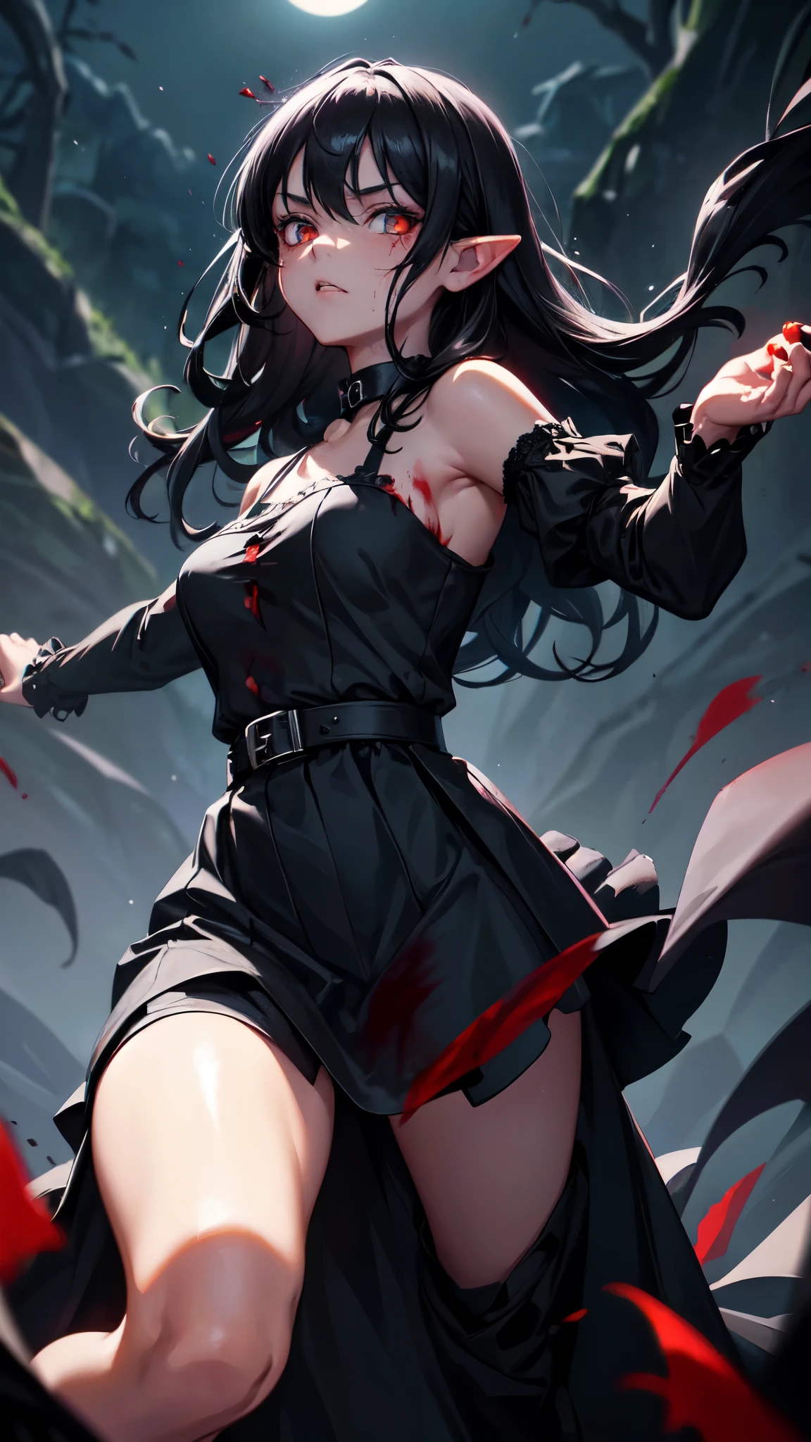 Create an illustration based on the following info: A young women standing in the middle of clearing surrounded by tall trees, (black hair:1.5), long hair, wavy hair, face framing hair, beautiful eyes, glowing red crimson eyes, pink lips, expresionless, impassive, c-cup breasts, slender arms, blood covered hands, clenched fists, slender thighs, dainty feets, gothic dress, (black dress:1.5), black choker, lace choker, (black sleeves:1.5), detached sleeves, (black skirt:1.5), high-low skirt, layered skirt, lace trim, night, full moon, bright moonlight, cinematic lighting, green leaves, close up, looking at viewer, dark atmosphere, Add clothes detail, blood, blood on face, (blood on face:1.5), elf ears, black energy, black smoke, (black smoke:1.5), fire sparks, fighting stance, (fighting stance:1.5), (black top:1.5), blood splatters, blood on dress