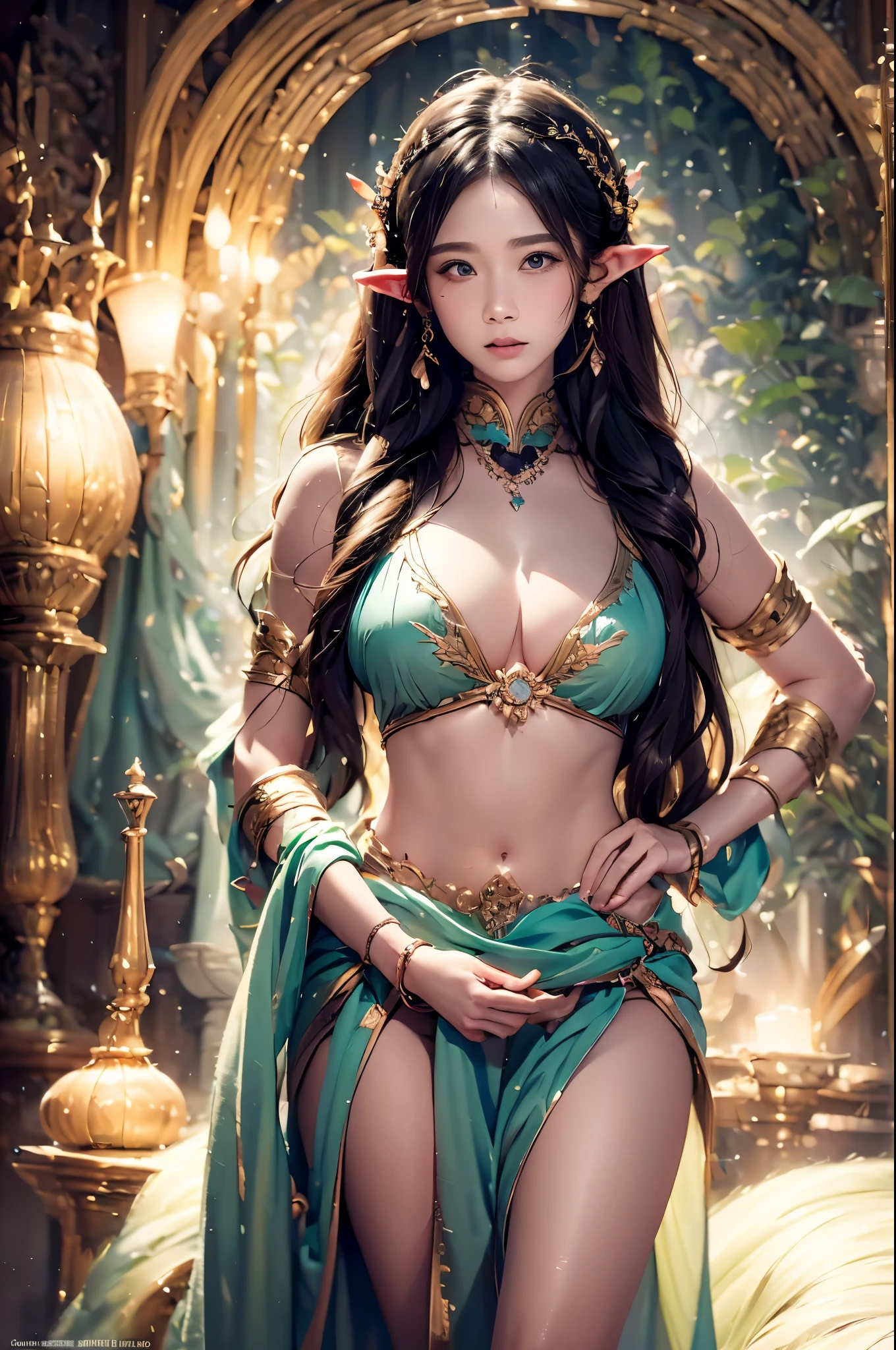 ( absurd, high quality, super detailed, masterpiece, concept art, Smooth, high detail artwork, super realistic painting ) , goblin, Plum goblin, plum , 透明なgoblinの羽, huge tit,chest is low,like a fairy tale, romantic, Brilliant, whole body,put your hands behind your back,shy,In nature with waterfalls,Pueros face_v1,Urzang-6500-v1 Edition.1,