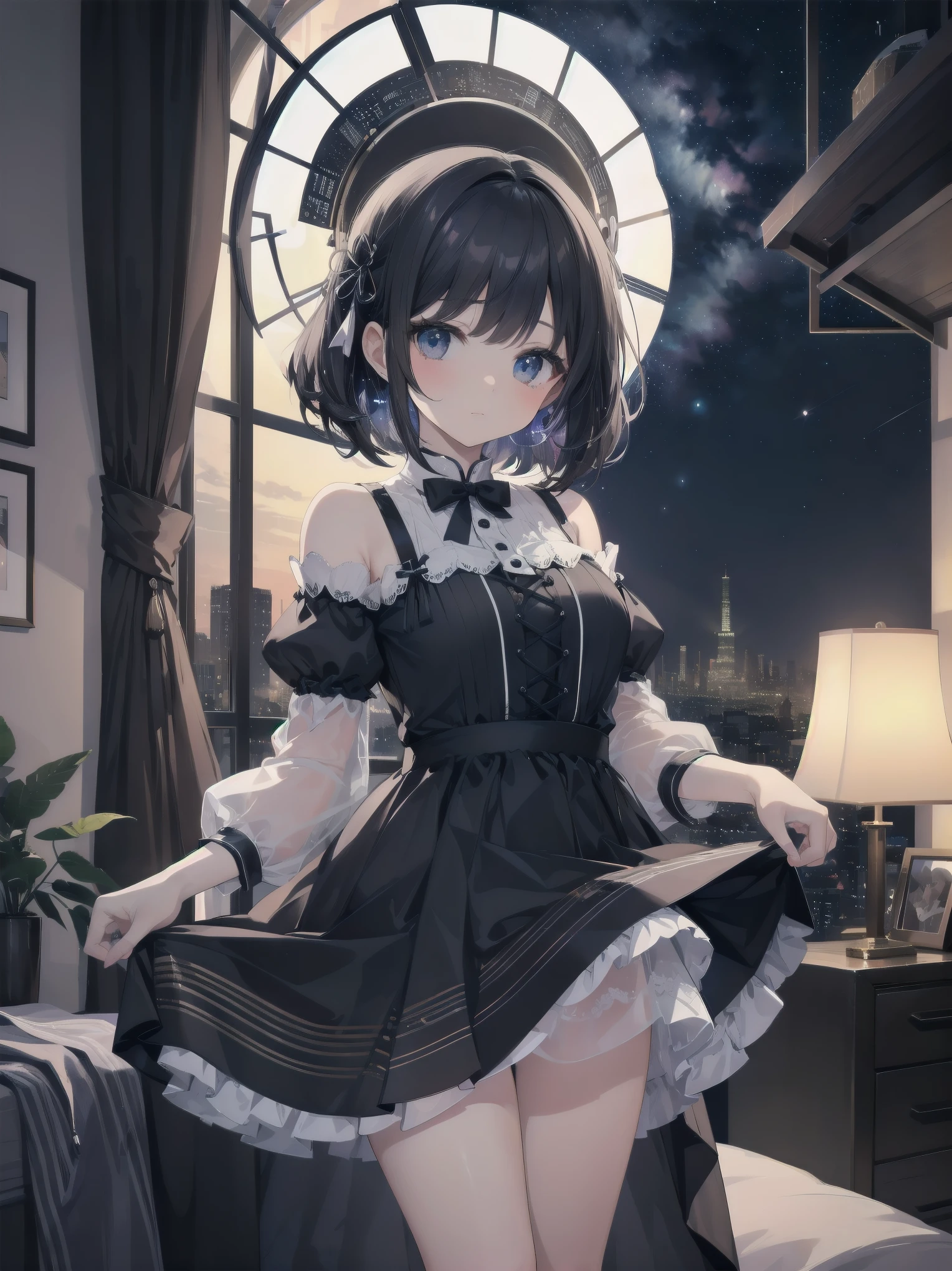 Artistic AI Art Galaxy(masterpiece:1.2, best quality),clear。lift up the skirt、cute girl、The night view of the big city outside the window、artistic shadow、I can't believe it but it's so ridiculously cute