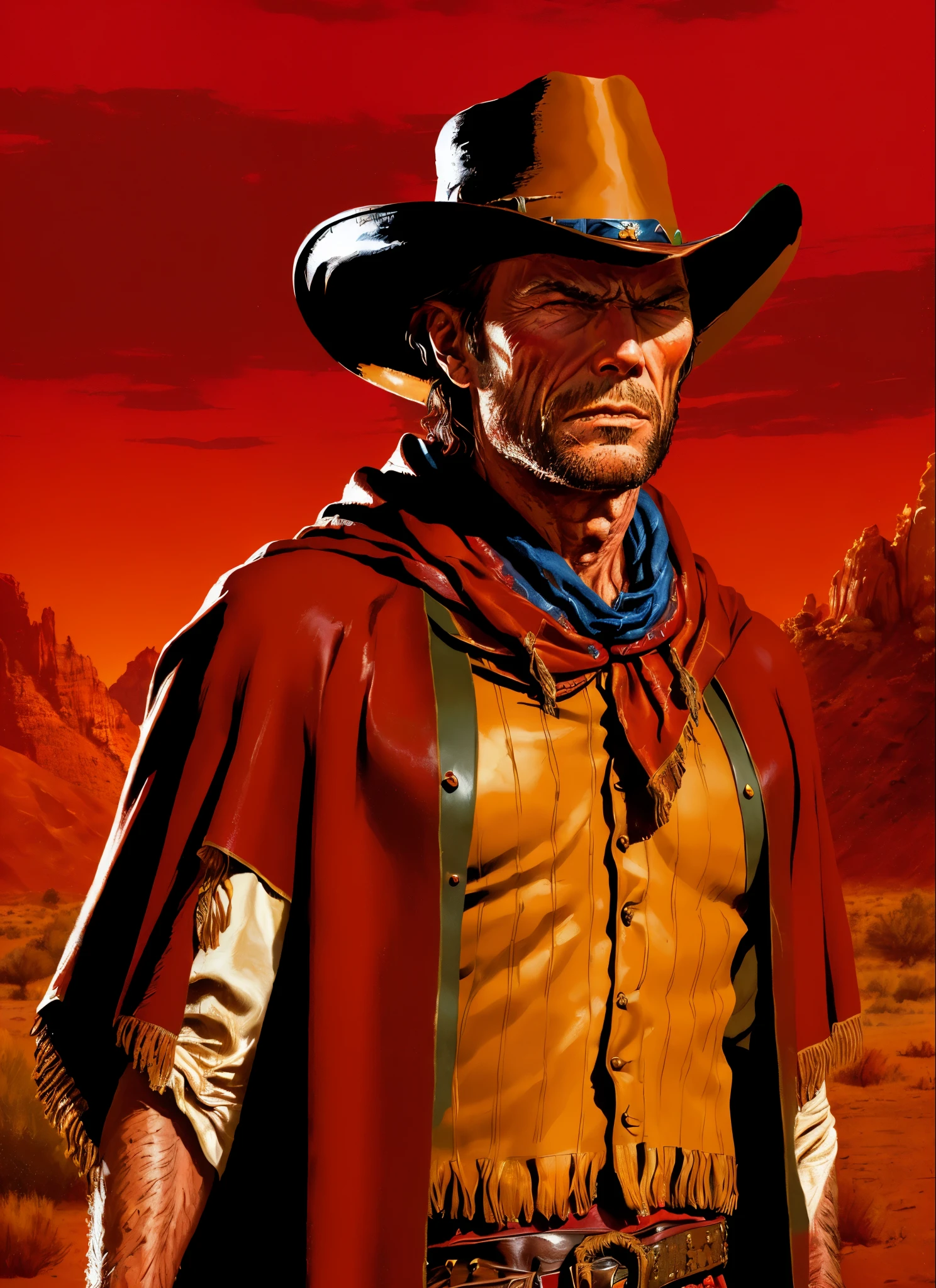 (high resolution,ultra-detalhado,Realista:1.2),Estilo R3DD34D,pintura digital,Clint Eastwood,cowboy hat,(poncho marrom brilhante:1.3),no deserto,(Red Sky:1.3)