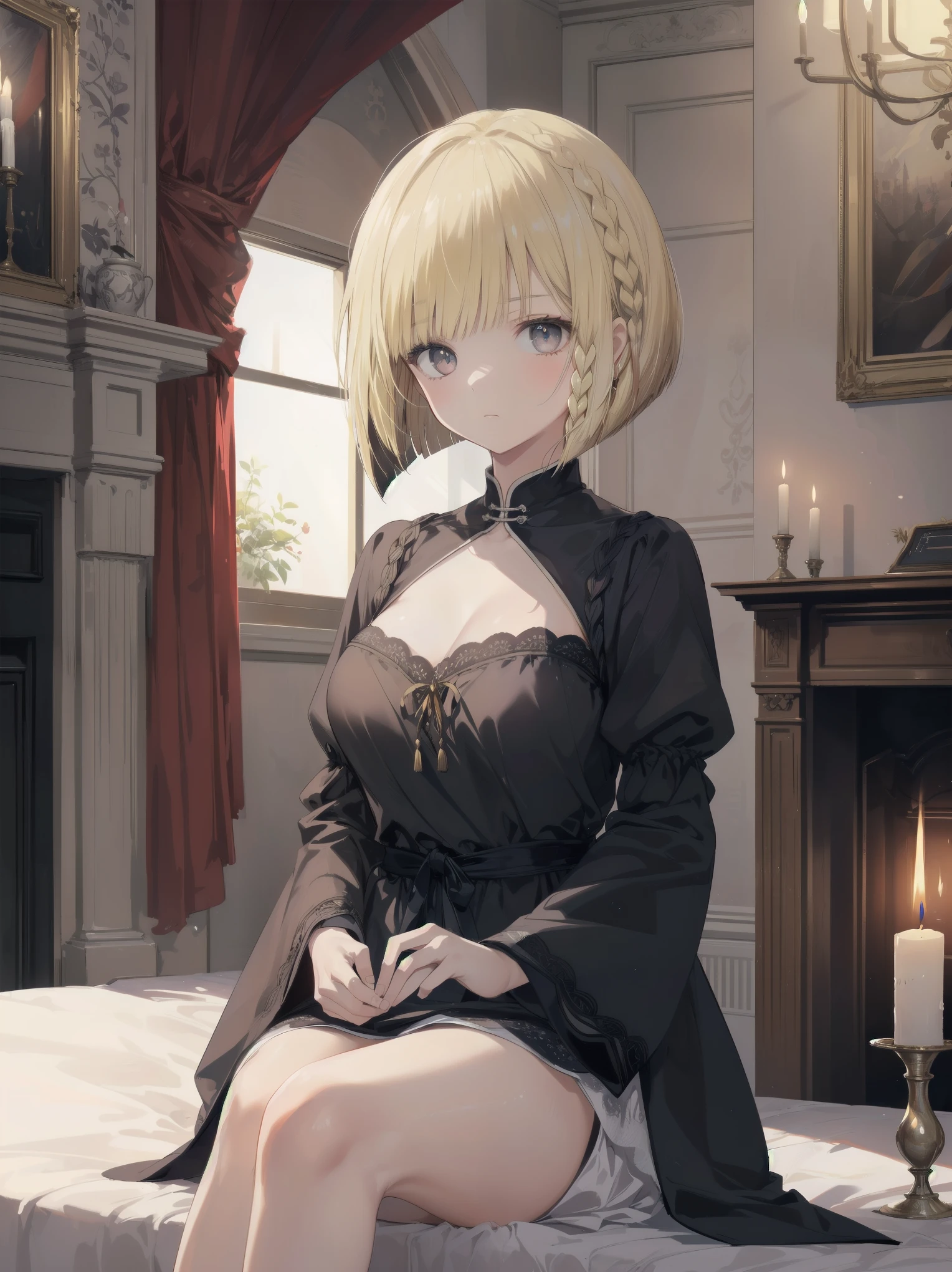 (masterpiece, top quality), (absurd resolution), (8K), (detailed beautiful face and eyes), (detailed illustrations), (super fine illustrations), (vivid colors), (professional lighting), nice hands, perfect hands, BREAK cinematic angle, Dutch angle, (close-up, medieval European, sitting bed: 1.3), BREAK (Dragon Quest style), 1 girl, solo, (blonde one length bob cut braided: 1.6), red eyes, china like skin, shiny hair, (big eyes: 1.2), BREAK expression, neckline ribbon: 1.4), lesaxi-length long sleeve, linen, beige negligee, BREAK (night: 1.3), indoor, ( Stockholm, 1920 Europe), (old western room, canopy bed, furniture, fireplace, candleagnificent view), (cinematic shadows, cinematic lighting), (blurred background),