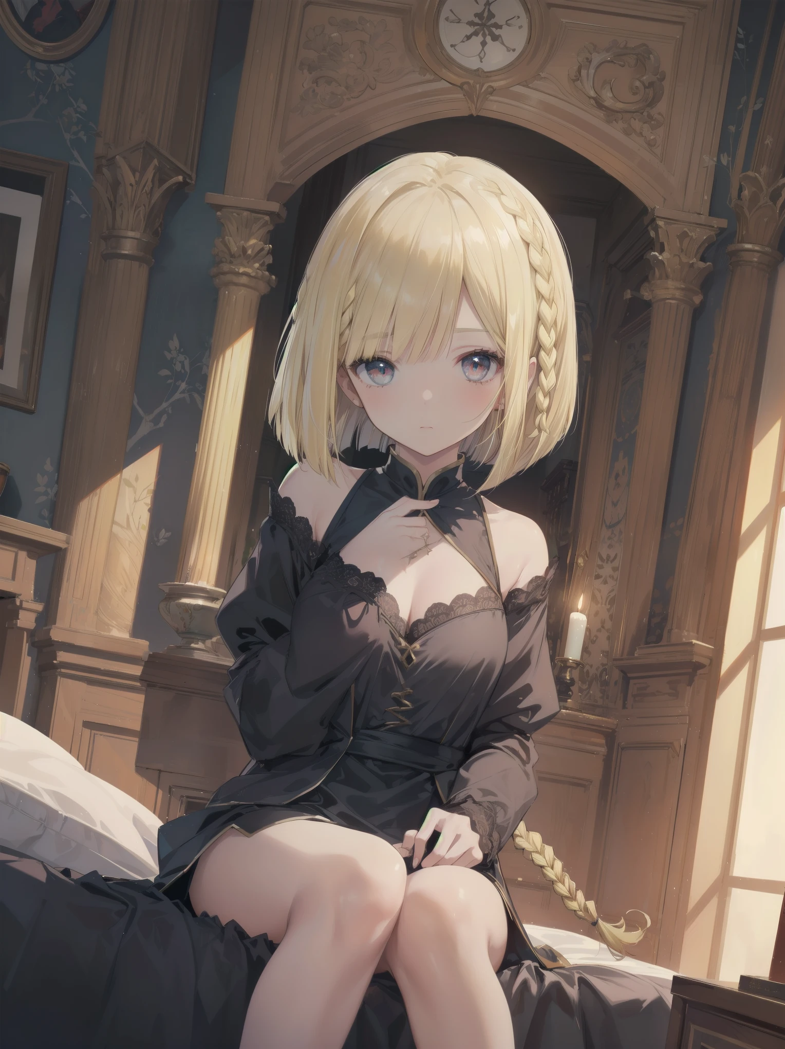 (masterpiece, top quality), (absurd resolution), (8K), (detailed beautiful face and eyes), (detailed illustrations), (super fine illustrations), (vivid colors), (professional lighting), nice hands, perfect hands, BREAK cinematic angle, Dutch angle, (close-up, medieval European, sitting bed: 1.3), BREAK (Dragon Quest style), 1 girl, solo, (blonde one length bob cut braided: 1.6), red eyes, china like skin, shiny hair, (big eyes: 1.2), BREAK expression, neckline ribbon: 1.4), lesaxi-length long sleeve, linen, beige negligee, BREAK (night: 1.3), indoor, ( Stockholm, 1920 Europe), (old western room, canopy bed, furniture, fireplace, candleagnificent view), (cinematic shadows, cinematic lighting), (blurred background),