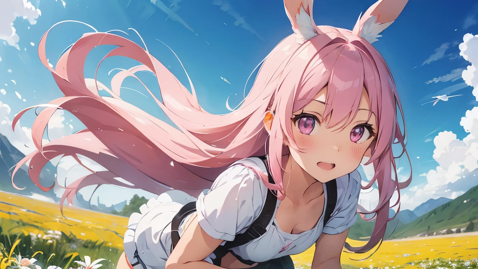 beautiful illustrations, highest quality, pretty girl, pastel colour, fluffy rabbit ears, pink long hair,light pink eyes,Running in the steppe