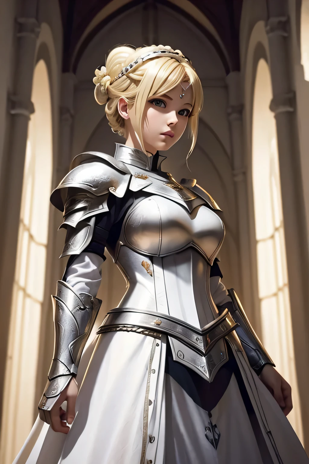 sword of light、white armor、beautiful female holy knight、(((blonde updo)))、((whole body))、(((photo taken from below)))、city