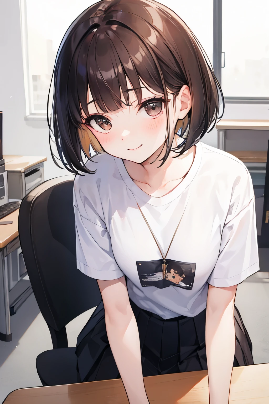 frame in, from right in front of face and body, view straight on, upper body, High quality, very high res, High quality, cute girl, brown hair, forehead, blunt bangs, bob cut, blush, Brushed up bangs, (white wearing a plain t-shirt), small breasts, upright, pleated skirt, work desk, sitting in a work chair, arms up behind, (pov hands papaer:1.4), (clothed breast touch:1.2), (guiding hand), at office