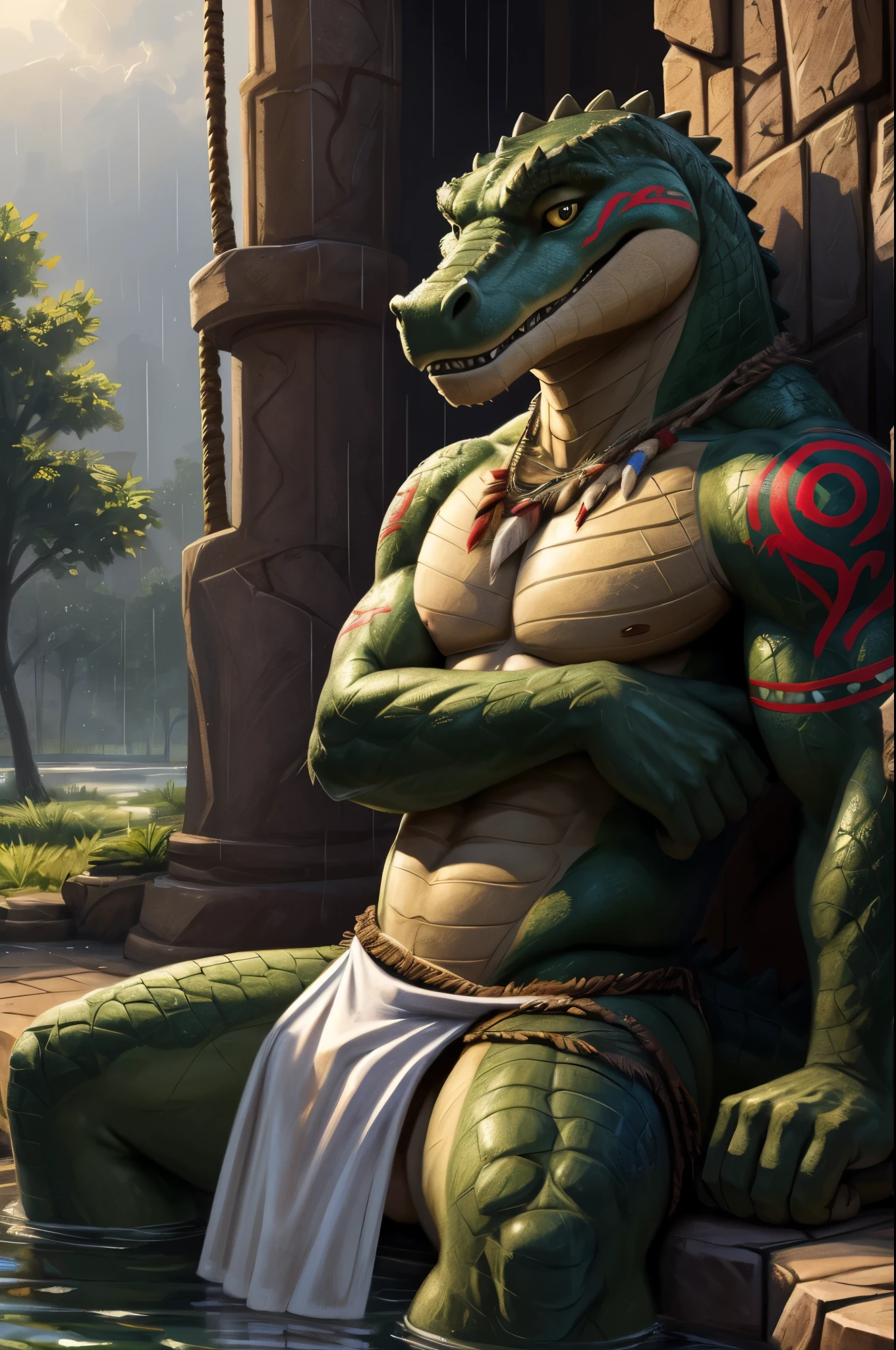 quarter view, close up view, looking at viewer, third person view, sitting on stone wall near pool of water, a beautiful and detailed portrait of a anthromorphic male alligator, (green scales, green skin, red tattoos on body), ((tribal)), scalie, brown boots, muscular, happy, bedroom eyes, alligator tail, kenket, Ross Tran,ruan jia, trending on artstation,foxovh, cenematic lighting, vip, body, full body, sitting, dynamic pose, (((park)) happy, (((wearing white loincloth))), crotch bulge, covering self, front view, cartoonish yellow eyes, Pixar eyes, Dreamworks eyes, light raining background