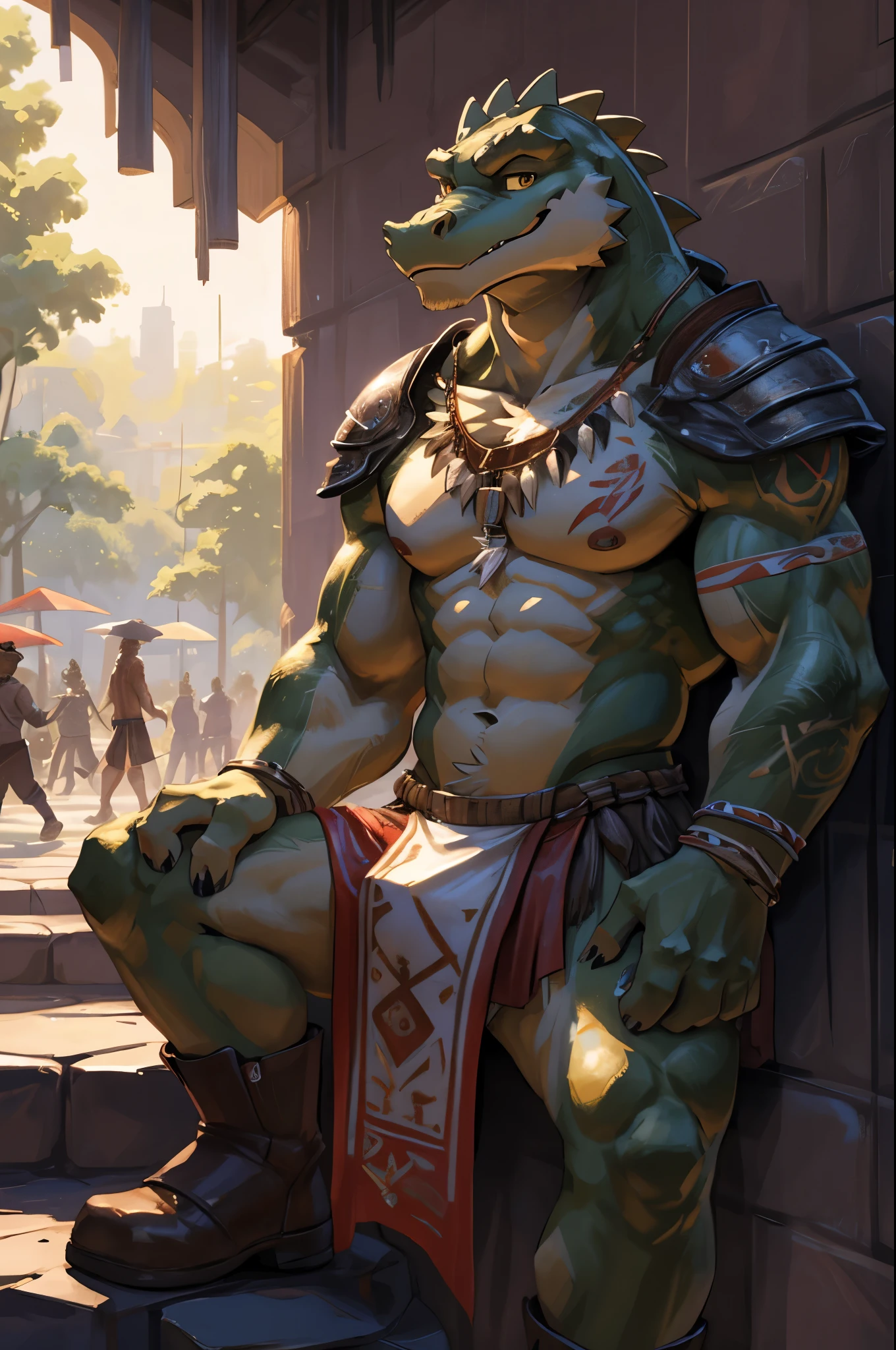 quarter view, close up view, looking at viewer, third person view, sitting on stone wall near pool of water, a beautiful and detailed portrait of a anthromorphic male alligator, (green scales, green skin, red tattoos on body), ((tribal)), scalie, brown boots, muscular, happy, bedroom eyes, alligator tail, kenket, Ross Tran,ruan jia, trending on artstation,foxovh, cenematic lighting, vip, body, full body, sitting, dynamic pose, (((park)) happy, (((wearing white loincloth))), crotch bulge, covering self, front view, cartoonish yellow eyes, Pixar eyes, Dreamworks eyes, light raining background
