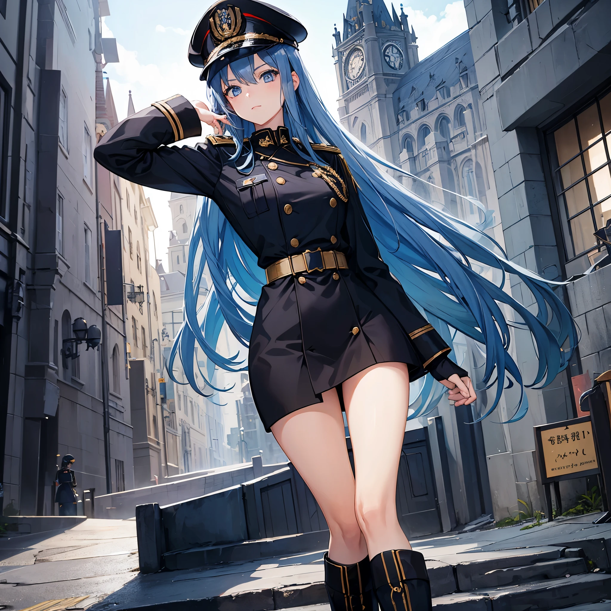 A girl with long weak blue hair, blue eyes, kawaii face, wearing black Prussian military uniform with gold details, wearing black military hat, outside a castle
