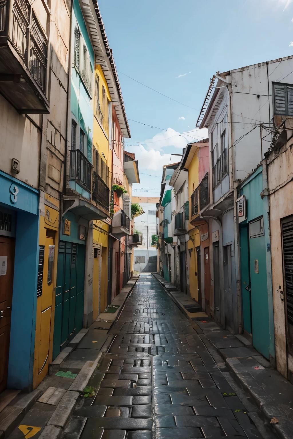 beco de uma cidade, feita no blender3D, cinza, polygons for buildings, baixa qualidade