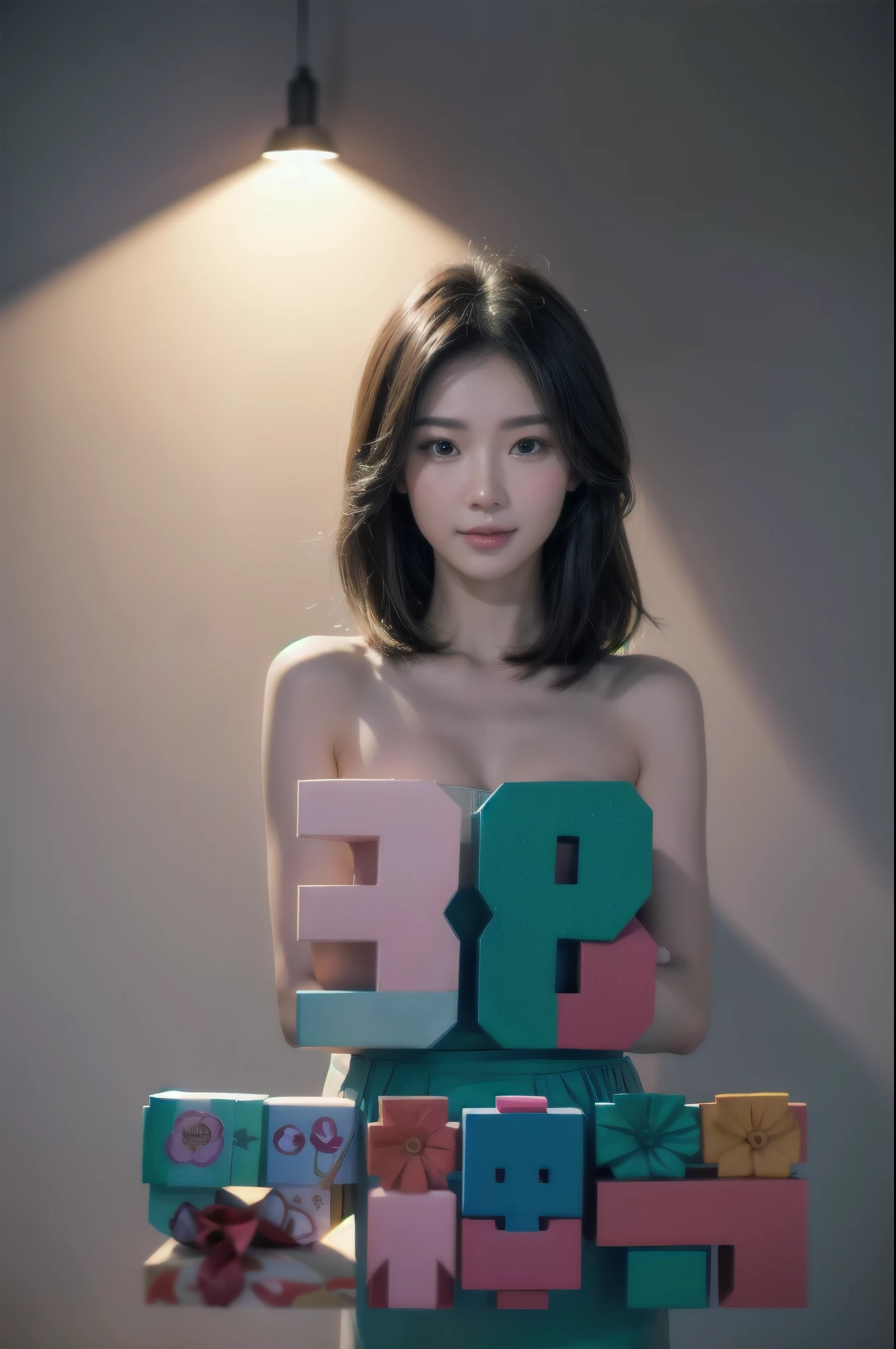 (number art,Realistic,Lifelike),in the classroom,(1 smiling oriental female teacher), standing behind a podium with flowers and gifts,(flower:1.5), (gift:1.2),(3d sculpture,rendering by octane,volumettic light, Chiaroscuro,Ray Tracing),masterpiece,Super detailed,4K