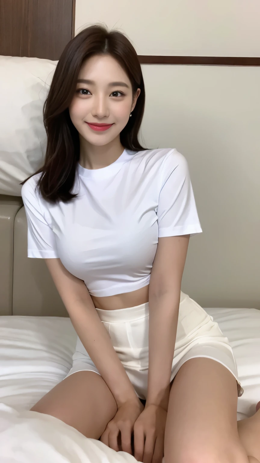 white tight shirt、white tight mini skirt、bed、smile、short sleeve、high resolution、Korean idol face