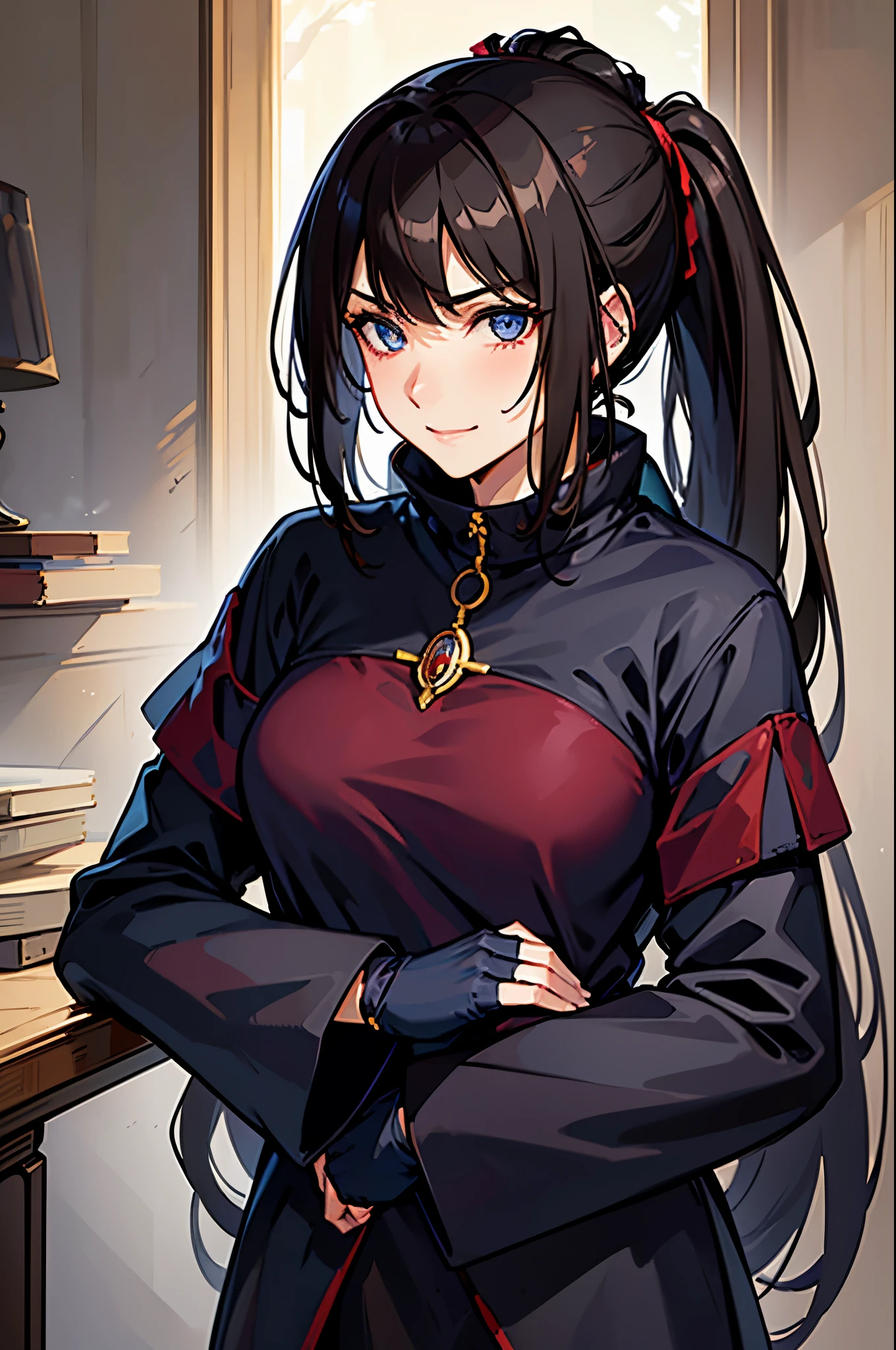 ((masterpiece)), ((best quality)), 1girl, adult, long hair, big bust, ((brown hair)), ((intimidant look)), ((close-up)), profile image, black and red clothes, sexy, dark colors, violet eyes, ((coat with fur)), ((wavy hair)), exposed skin, ((sexy pose)), good anatomy, ((dark sage clothes)), ((straight cut bangs)), emotionless, intimidant, ((beautiful eyes)), dark background, close up, ((detailed eyes)), ((detailed face)), hair bang, frontal look, relaxed, smile, queen, ponytail