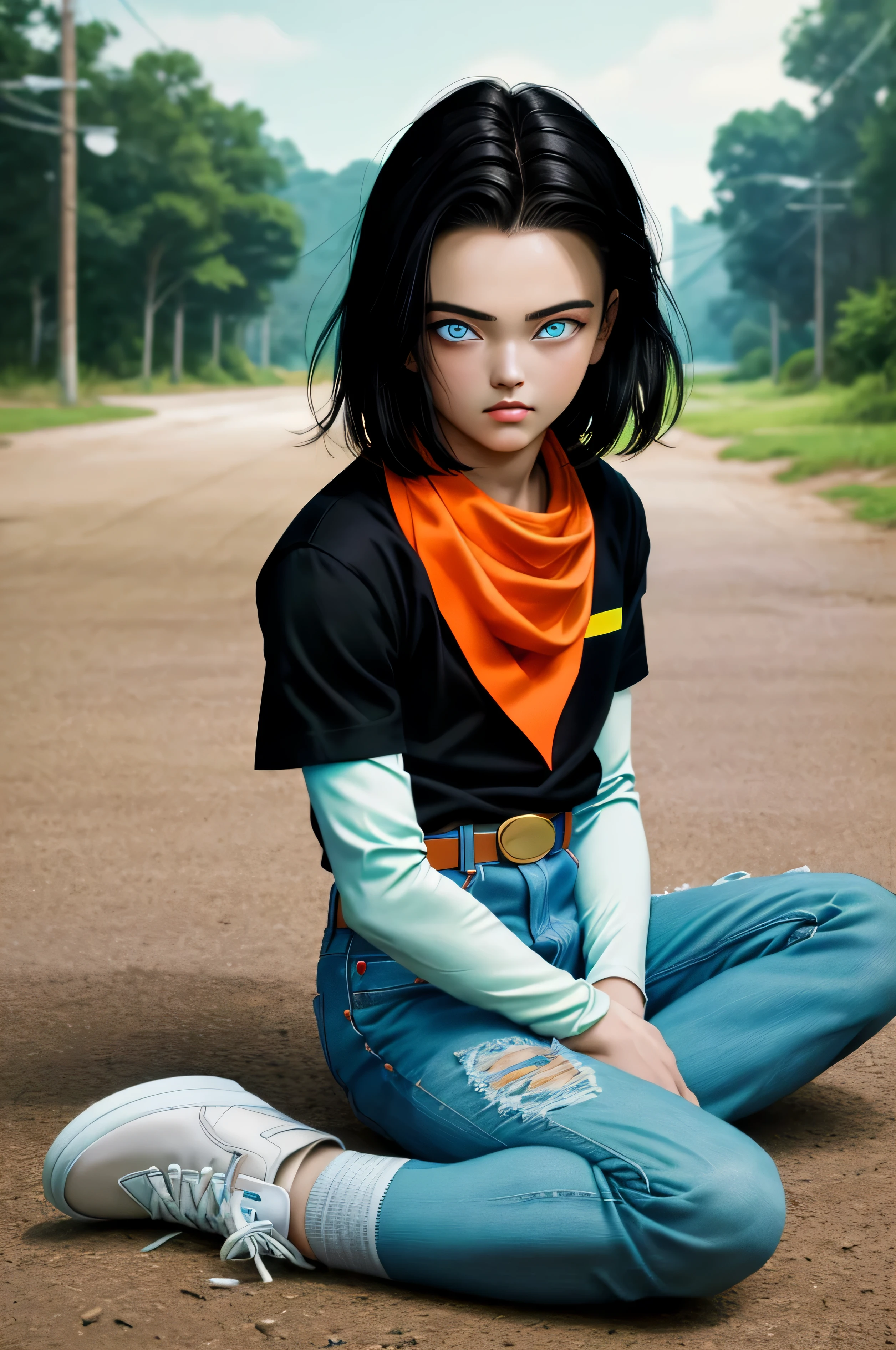 (masterpiece), best quality, expressive eyes, perfect face, highres, 1 boy, solo, android 17 , (male body:1.3), blue eyes, black short hair,parted hair,short hair, black shirt, jeans, layered shirt, white sleeves,orange bandana, blue sneakers, green socks, brown belt, red patch, outdoor, landscape, sitting on floor, portrait, looking at the viewer, An exquisite masterpiece of top quality and high resolution featuring Marnie. Big sleepy eyes, Aqua eyes、Glowing under the dim light. black short hair, magazine style, dark backbround, pierce look at the camera