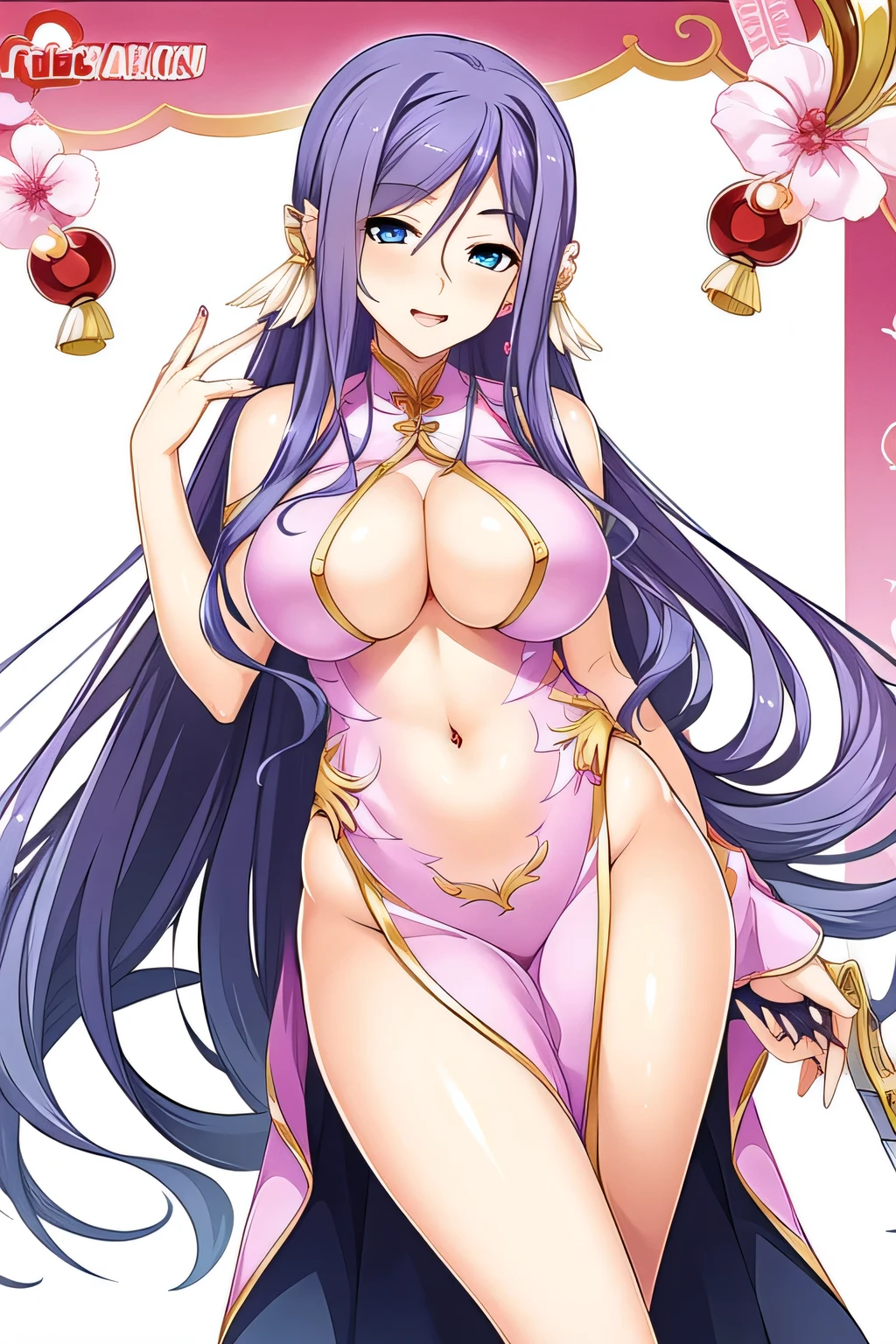 jewelry,gem, necklace, 
blue eyes, purple hair,long hair,Bangs,
1 girl, 20yo,Young female,Beautiful Finger,Beautiful long legs,Beautiful body,
Beautiful Nose,Beautiful character design, perfect eyes, perfect face,expressive eyes,perfect balance,
masterpiece, best quality, highly detailed, a anime girls in china dress with navel cutout holding a gun
posing for a picture, navel cutout, crop top, china dress, ecchi anime style, evil smile, open mouth,
smile, anime girls, ecchi style, ecchi, digital anime art!!, in anime style, official artwork, (nsfw) not safe
for work, beautiful anime girl, anime style 4 k, pelvic curtain, exposed belly, exposed navel, exposed
midriff, exposed lower belly, holding a gun, chinatown, outdoor,street,road, 