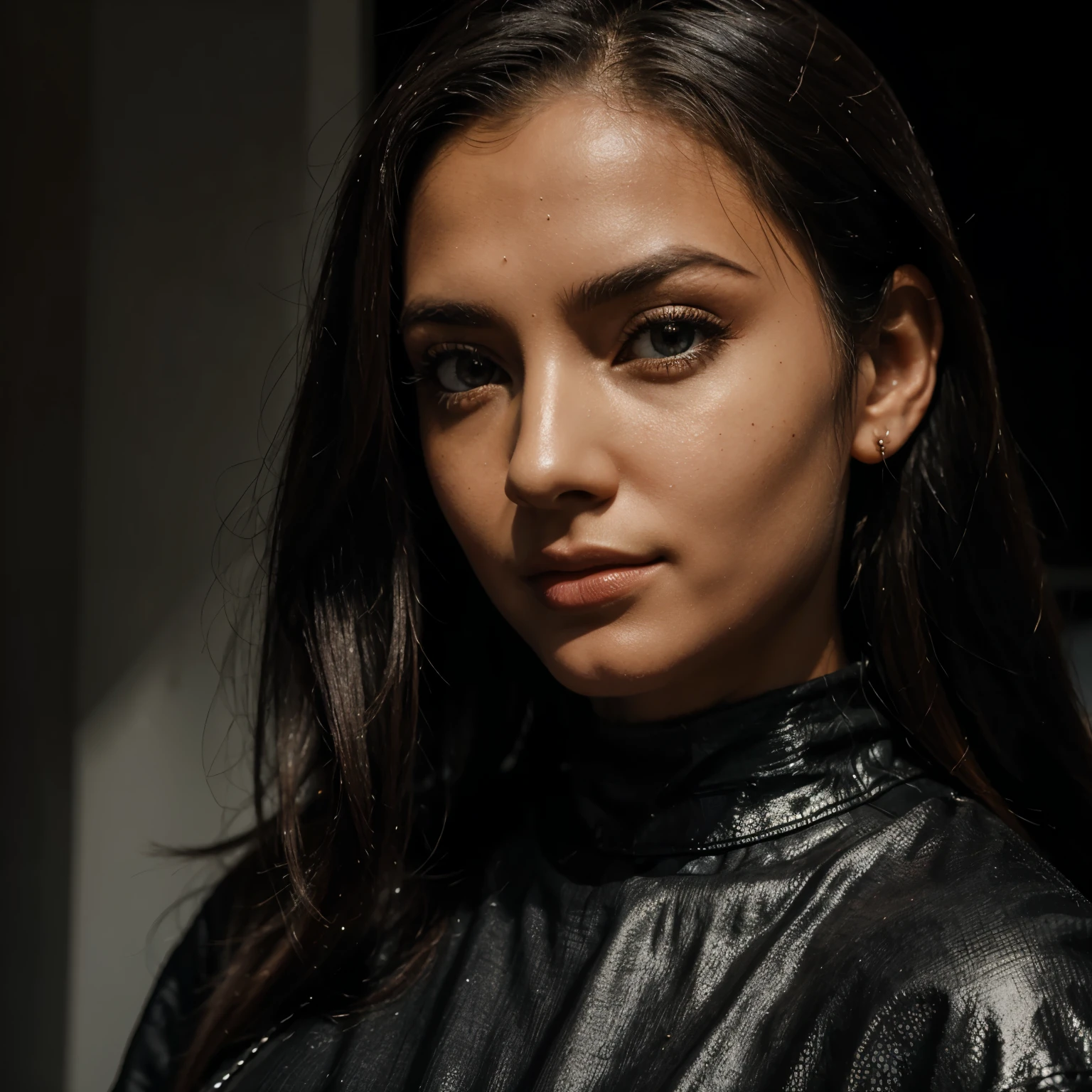 1 garota, olho estrela, corar, perfect lighting, cabelo preto, olhos castanhos, Motor irreal, side lighting, rosto detalhado, franja, pele brilhante, fundo escuro,