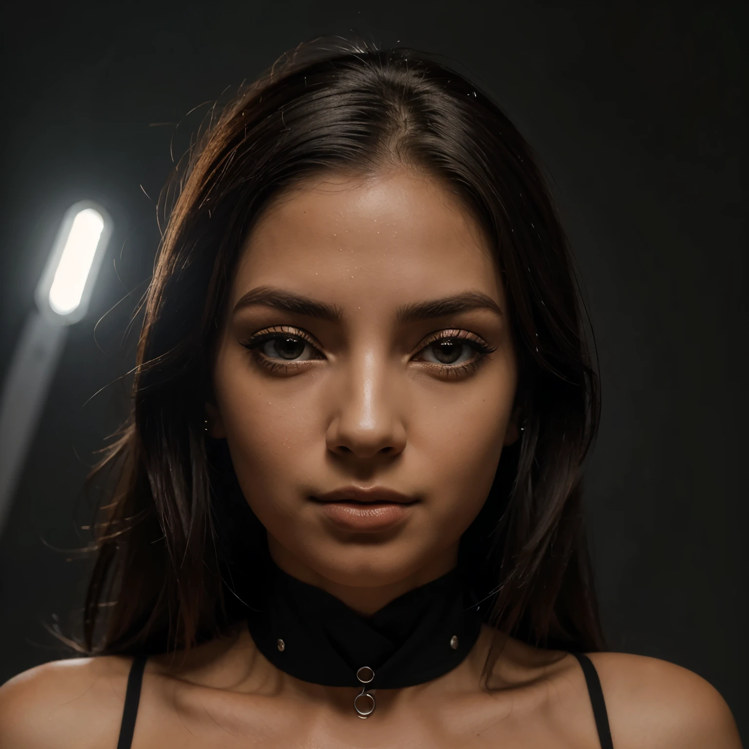 1 garota, olho estrela, corar, perfect lighting, cabelo preto, olhos castanhos, Motor irreal, side lighting, rosto detalhado, franja, pele brilhante, fundo escuro,
