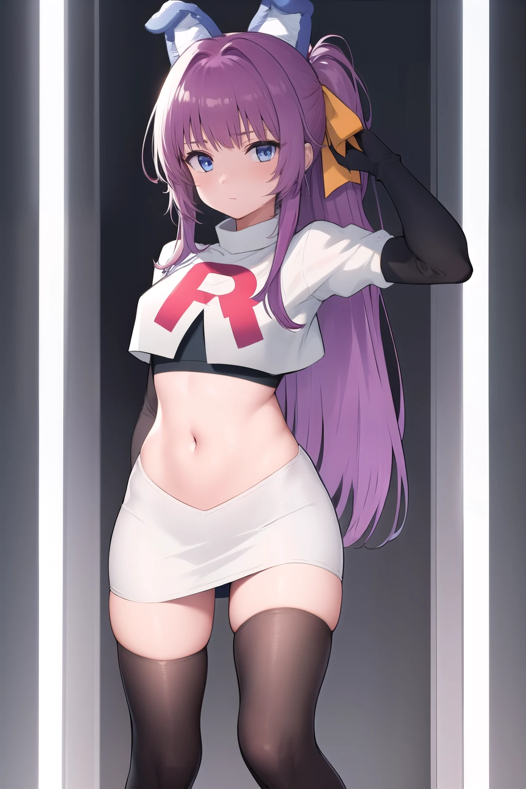 (masterpiece, best quality:1.2),illustration,8k,hd,1girl,solo,purple_hair,blue_eyes,very_long_hair,animal_ears,bangs,fake_animal_ears,ribbon,hair_ribbon,hair_ornament,ponytail,team rocket,team rocket uniform,white skirt,red letter R,crop top,black thigh-highs,black elbow gloves