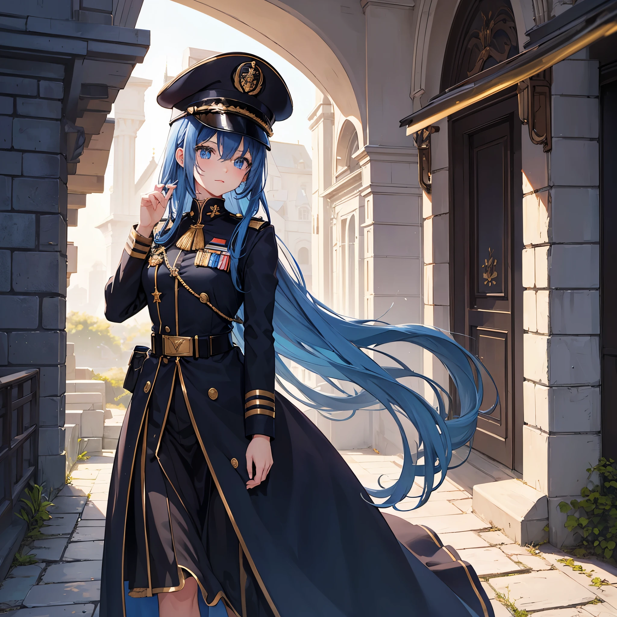 A girl with long weak blue hair, blue eyes, kawaii face, wearing black Prussian military uniform with gold details, wearing black military hat, outside a castle
