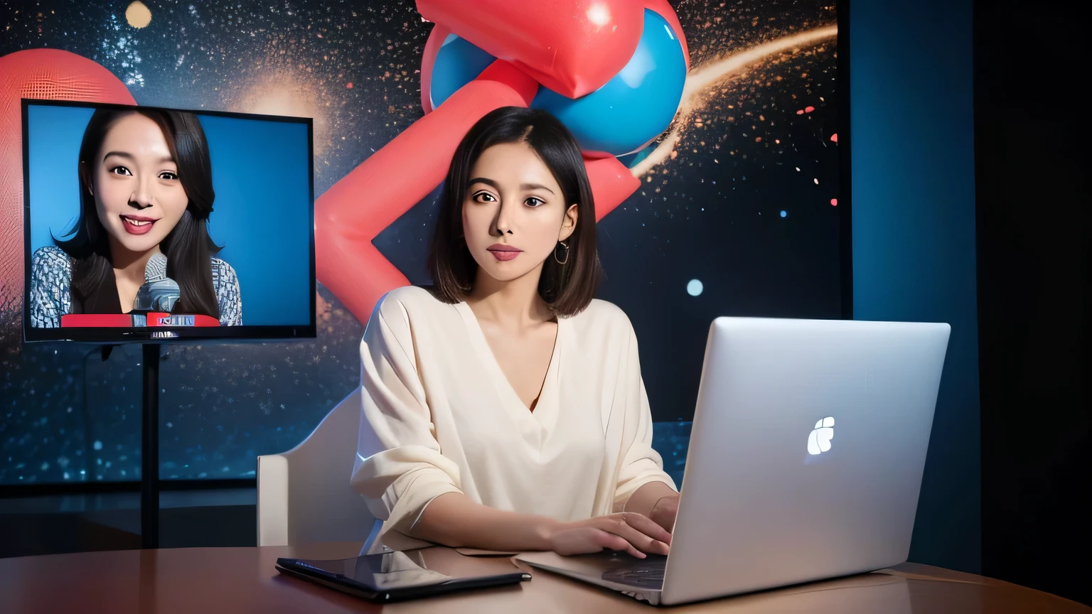 a woman holding a microphone in front of a laptop, gutai group, tv news, nanquan, professional profile picture, case