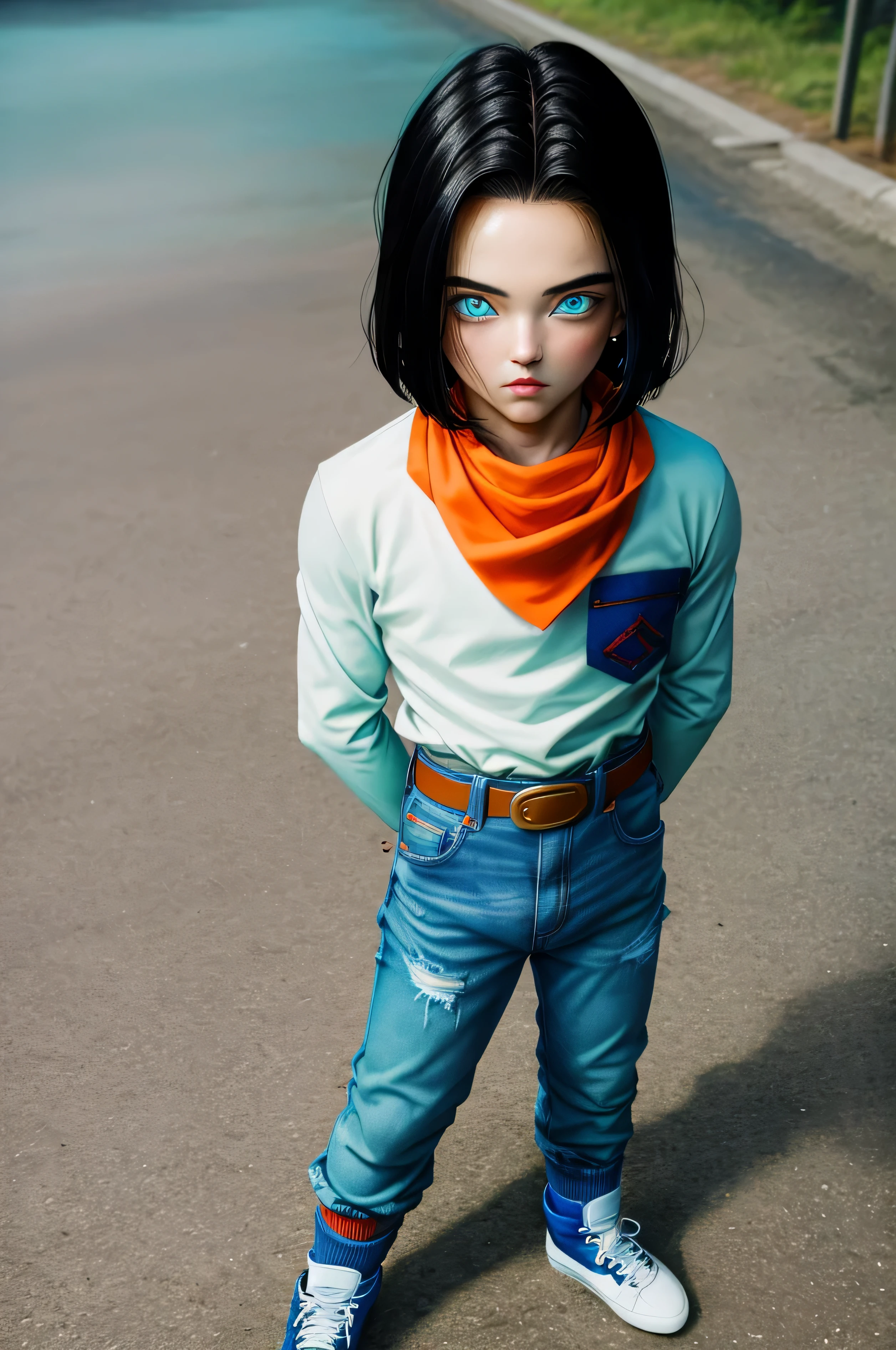 (masterpiece), best quality, expressive eyes, perfect face, highres, 1 boy, solo, android 17 , (male body:1.3), blue eyes, black short hair,parted hair,short hair, black shirt, jeans, layered shirt, white sleeves,orange bandana, blue sneakers, green socks, brown belt, red patch, outdoor, landscape, standing on floor, portrait, looking at the viewer, An exquisite masterpiece of top quality and high resolution featuring Marnie. Big sleepy eyes, Aqua eyes、Glowing under the dim light. black short hair, magazine style, dark backbround, pierce look at the camera