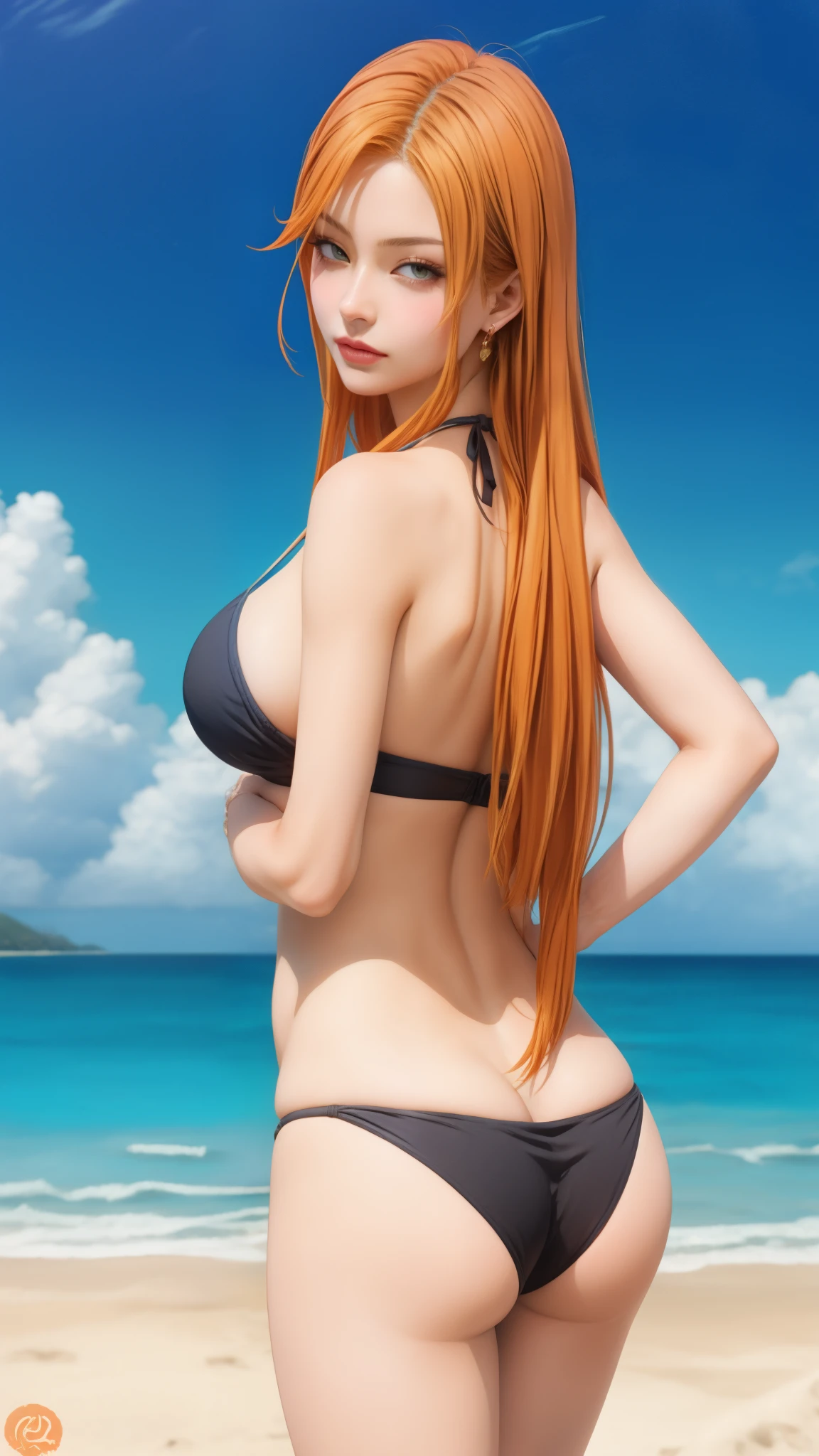anime girl in bikini standing on beach with ocean in background, on a sunny beach, at the beach, in the beach, marin kitagawa fanart, rin, on a beach, beautiful portrait of nami, is wearing a swimsuit, standing near the beach, she has long redorange hair, standing at the beach, nami one piece, on the beach, realistic bikini