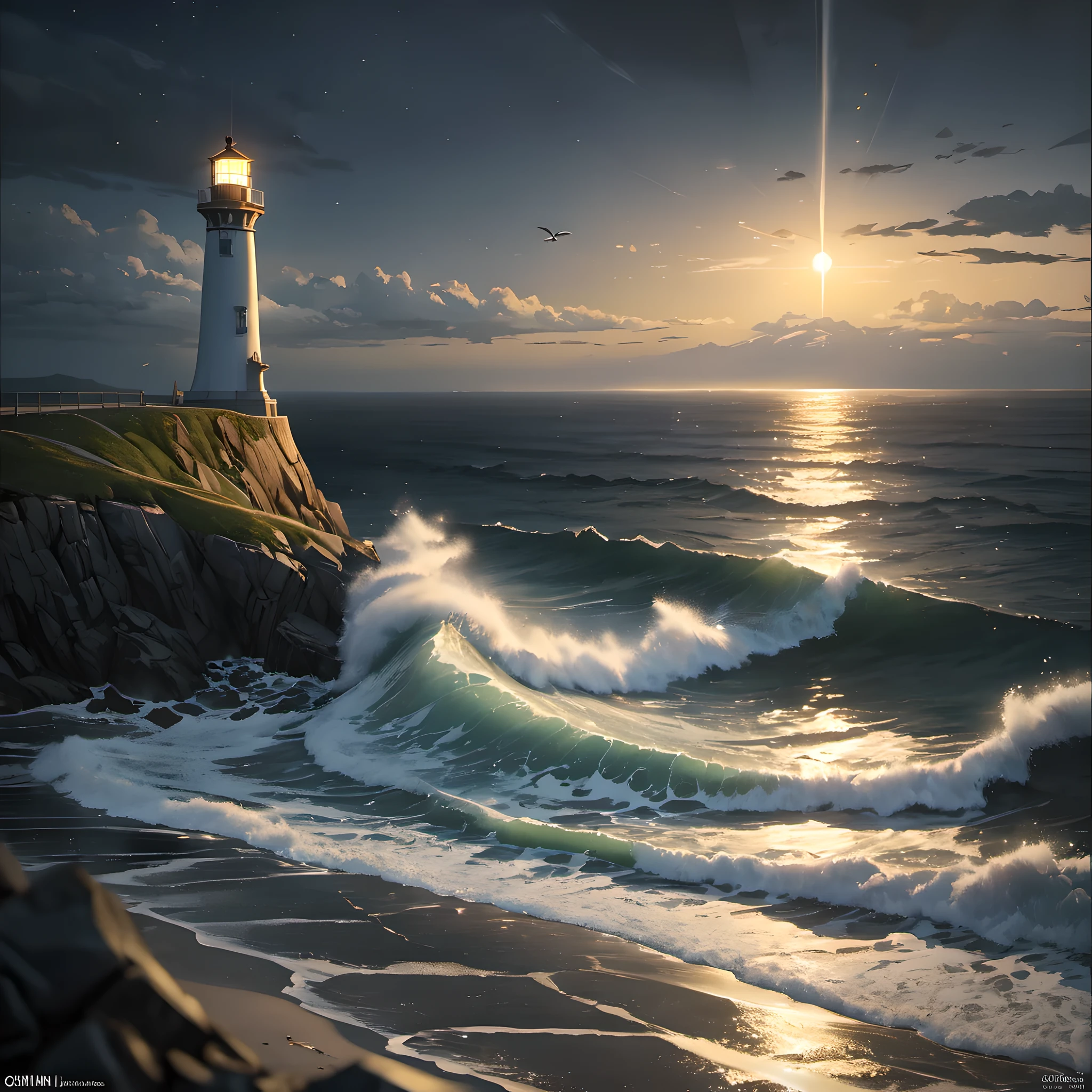 (best quality, 4k, 8k, high resolution, masterpiece: 1.2), Super detailed, (actual, actual, lifelike: 1.37), Dimm, ocean, Luminous beacon, Sparkling waves, peaceful atmosphere, night sky, wave crash, Reflective surface, distant horizon, Quiet environment,  seagull, mild mist, breeze, Golden beam, beacon of hope, safety in the dark, great view, peaceful solitude, water droplets, soft light, calm water, mysterious depths, Tranquil ocean Scene, bright colors, Dreamy tones, Silent whispers in the night, eternal beauty, Light in the dark