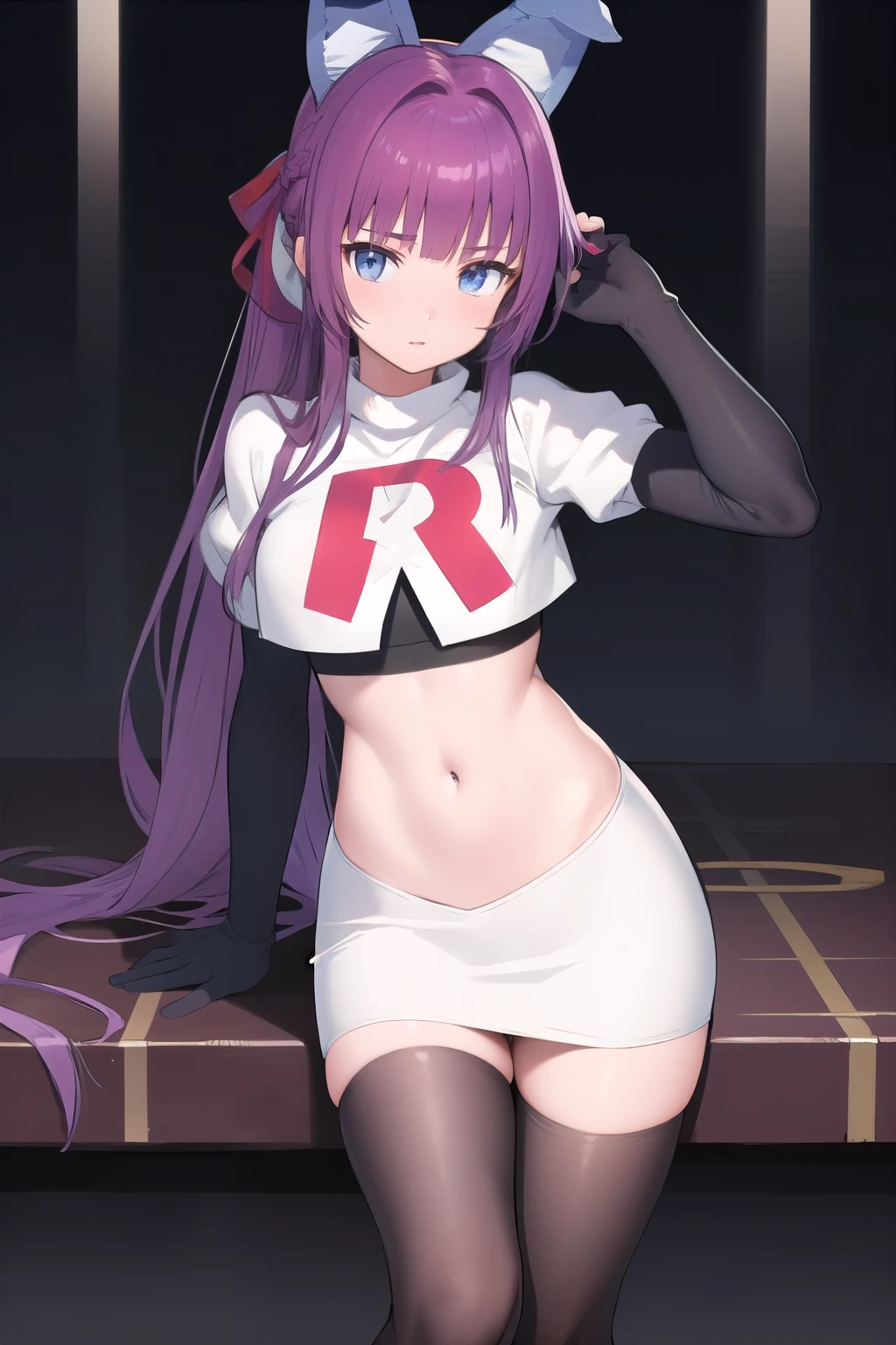 (masterpiece, best quality:1.2),illustration,8k,hd,1girl,solo,purple_hair,blue_eyes,very_long_hair,animal_ears,bangs,fake_animal_ears,ribbon,hair_ribbon,hair_ornament,ponytail,team rocket,team rocket uniform,white skirt,red letter R,crop top,black thigh-highs,black elbow gloves